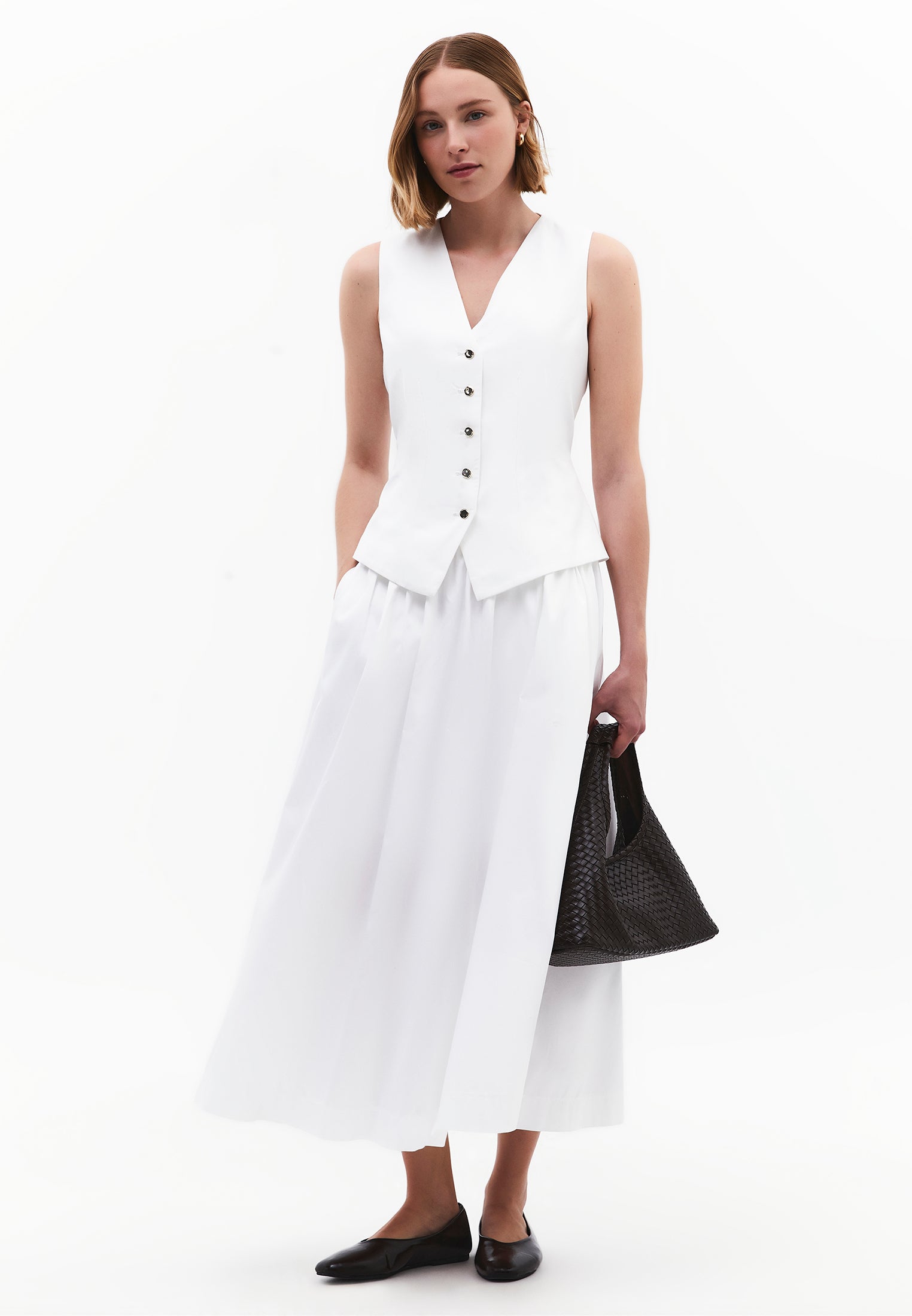 V Neck Button Detailed Sleeveless Vest - WHITE