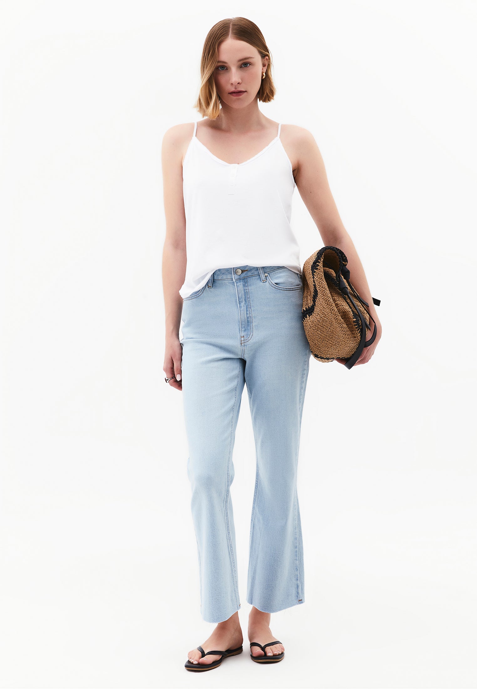 Loose V-Neck Top With Button Details - WHITE