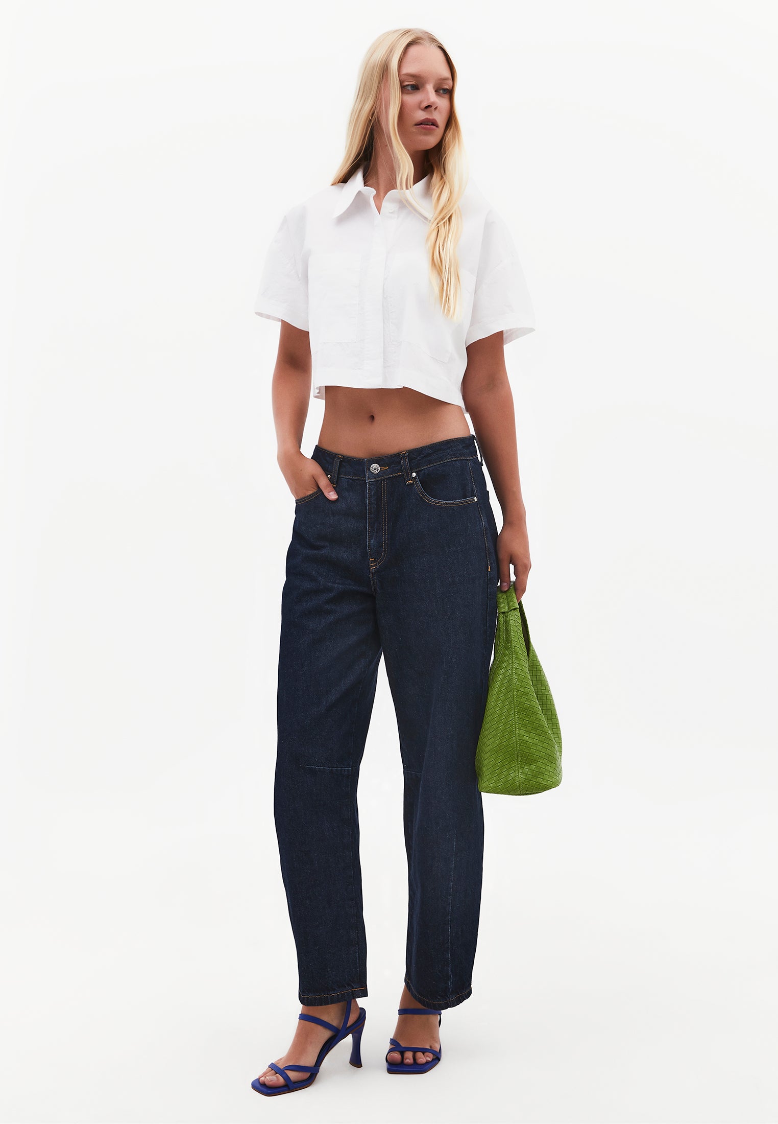 Shirt Collar Loose Short Sleeve Pocket Detailed Cropped Shirt - WHITE