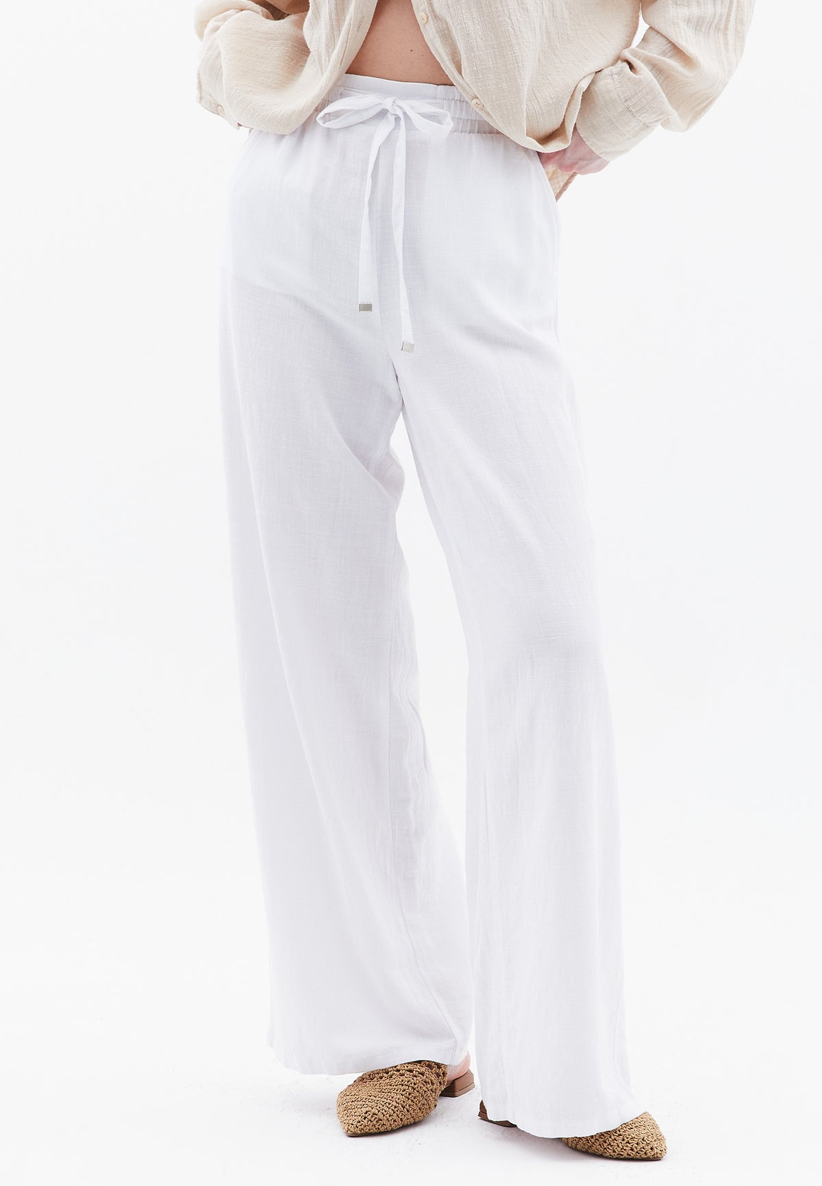 High Waist Wide Leg Elastic Waist Pants - WHITE