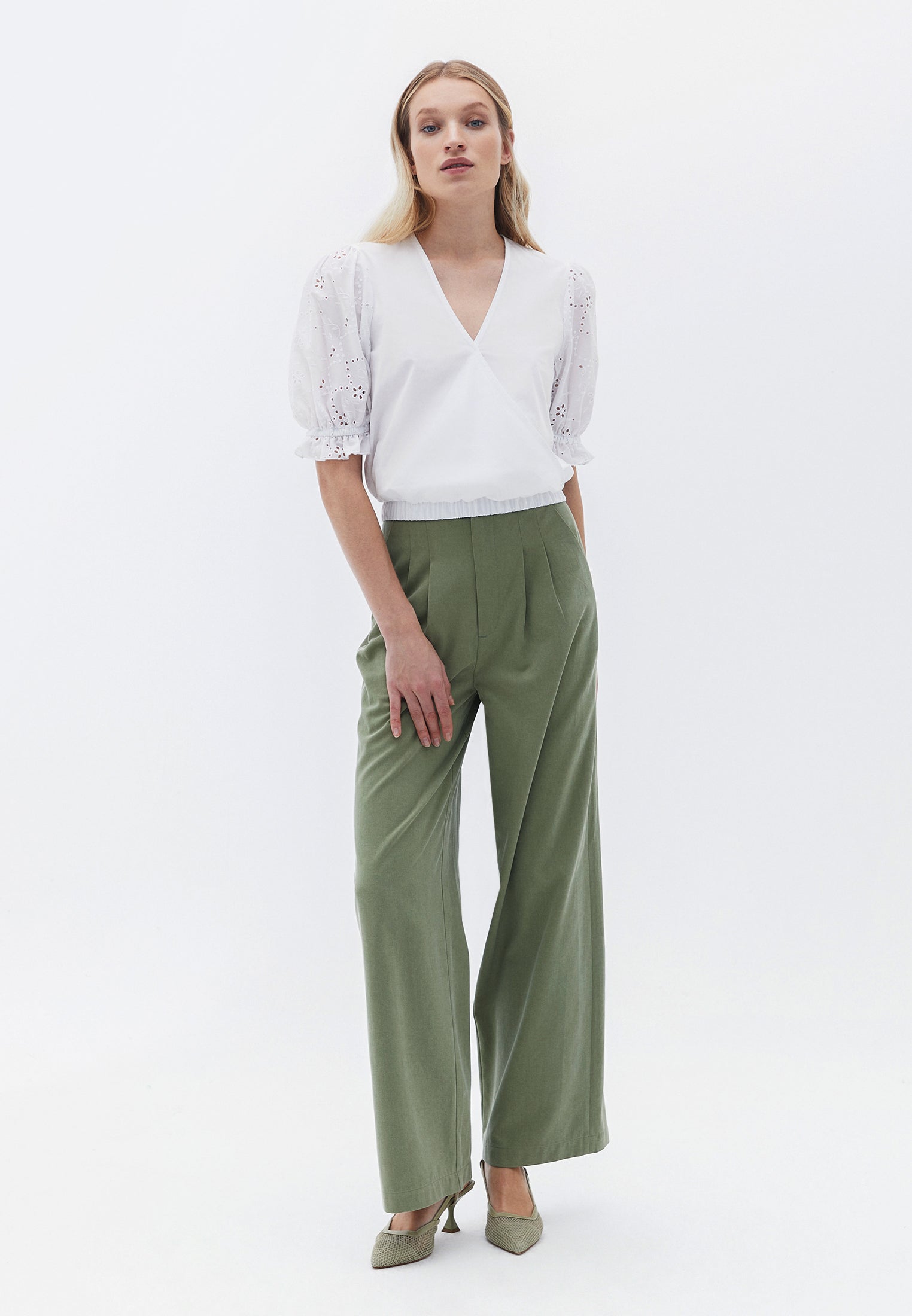 V Neck Broderie Blouse - WHITE