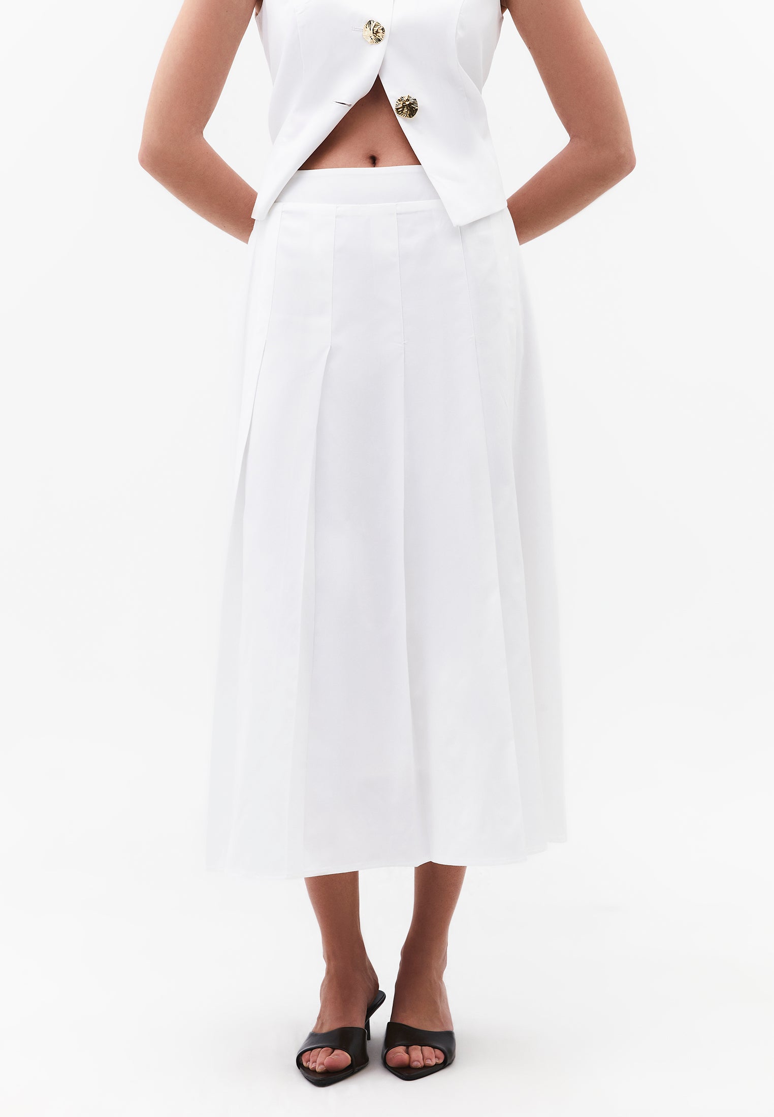 Pleated Flared Midi Skirt - WHITE