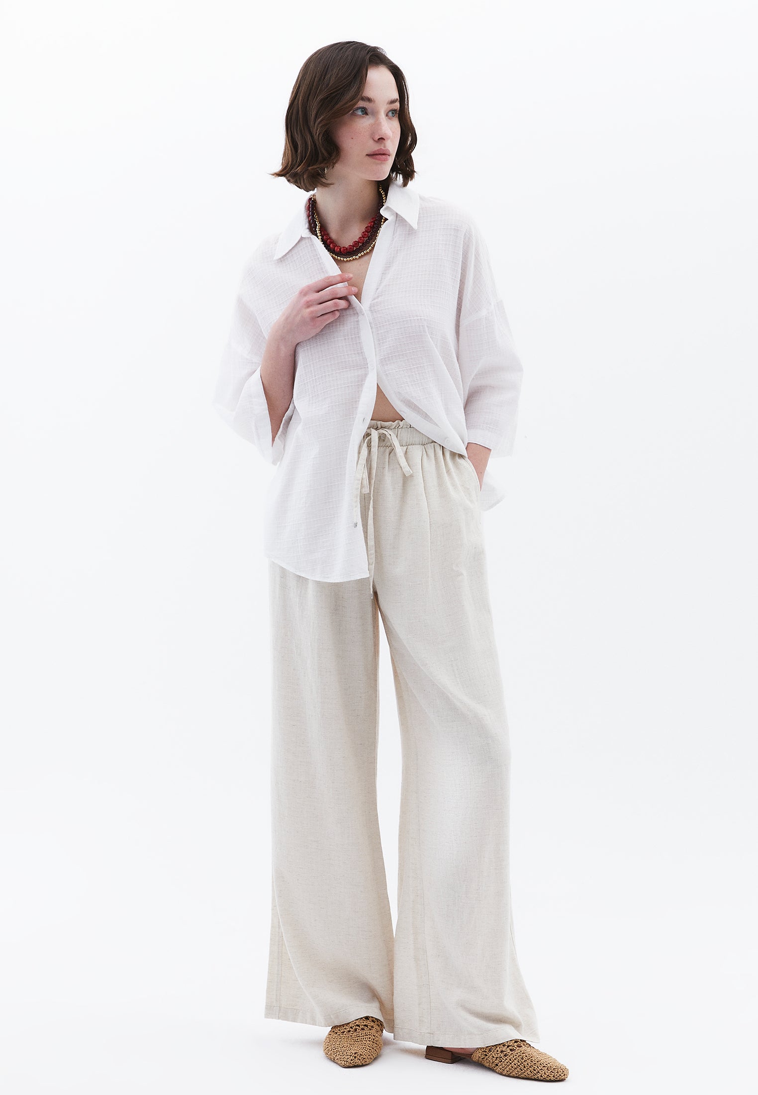 Oversized Shirt With Button Details - WHITE