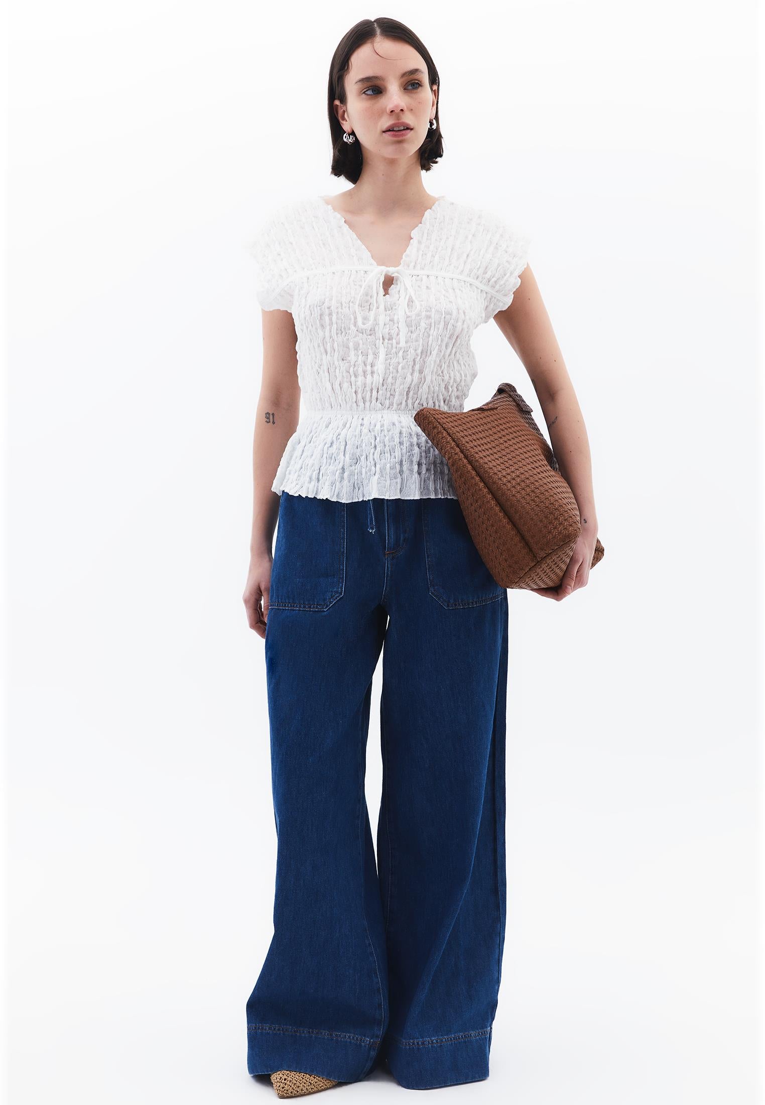 Loose Fit V Neck Short Sleeve Blouse - WHITE