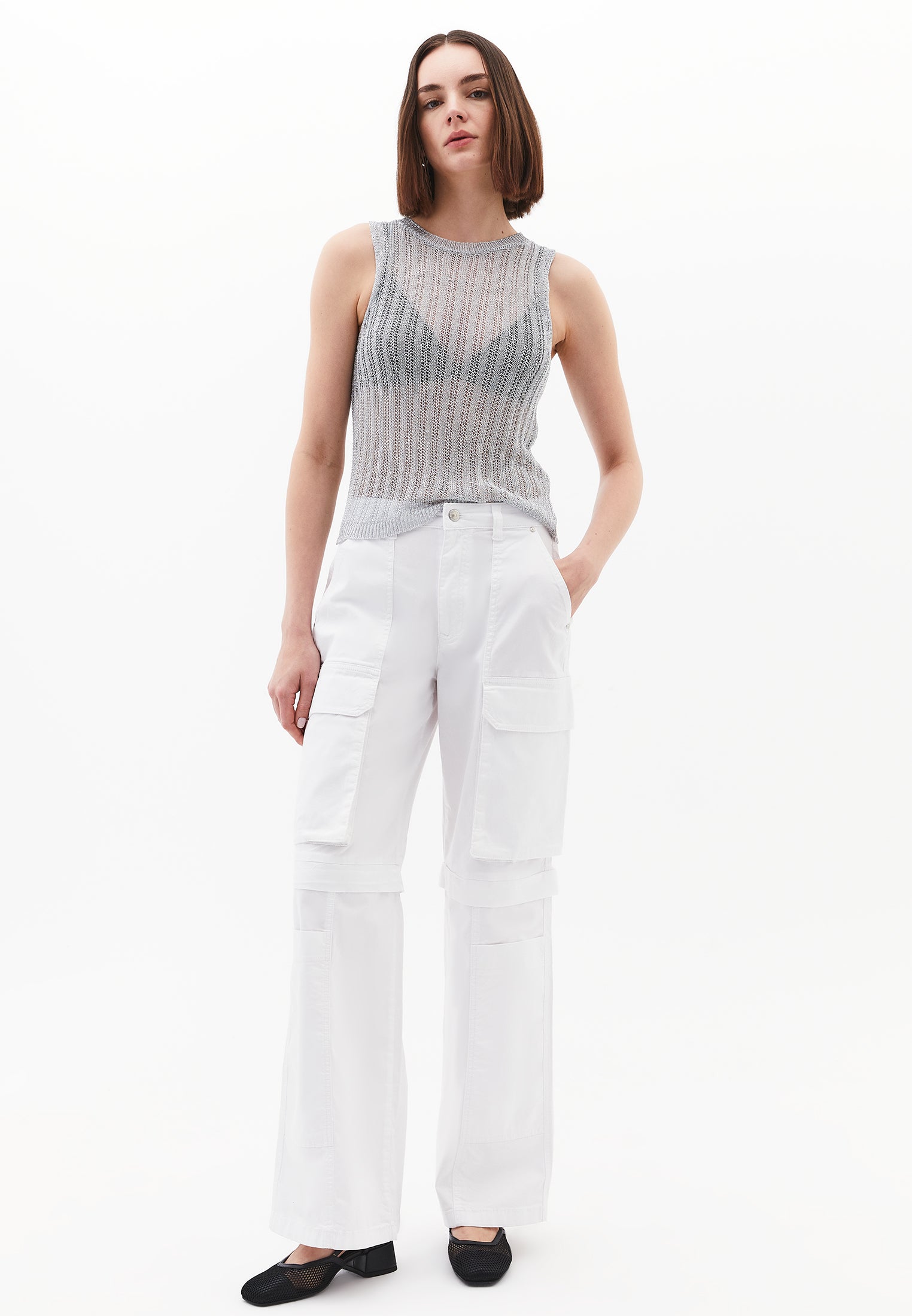 Wide Leg High Waist Cargo Pants - WHITE