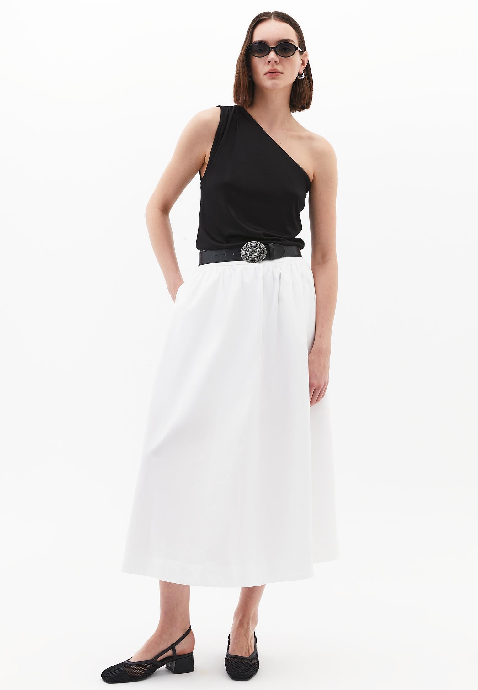 High Waist Long A-Line Skirt - WHITE