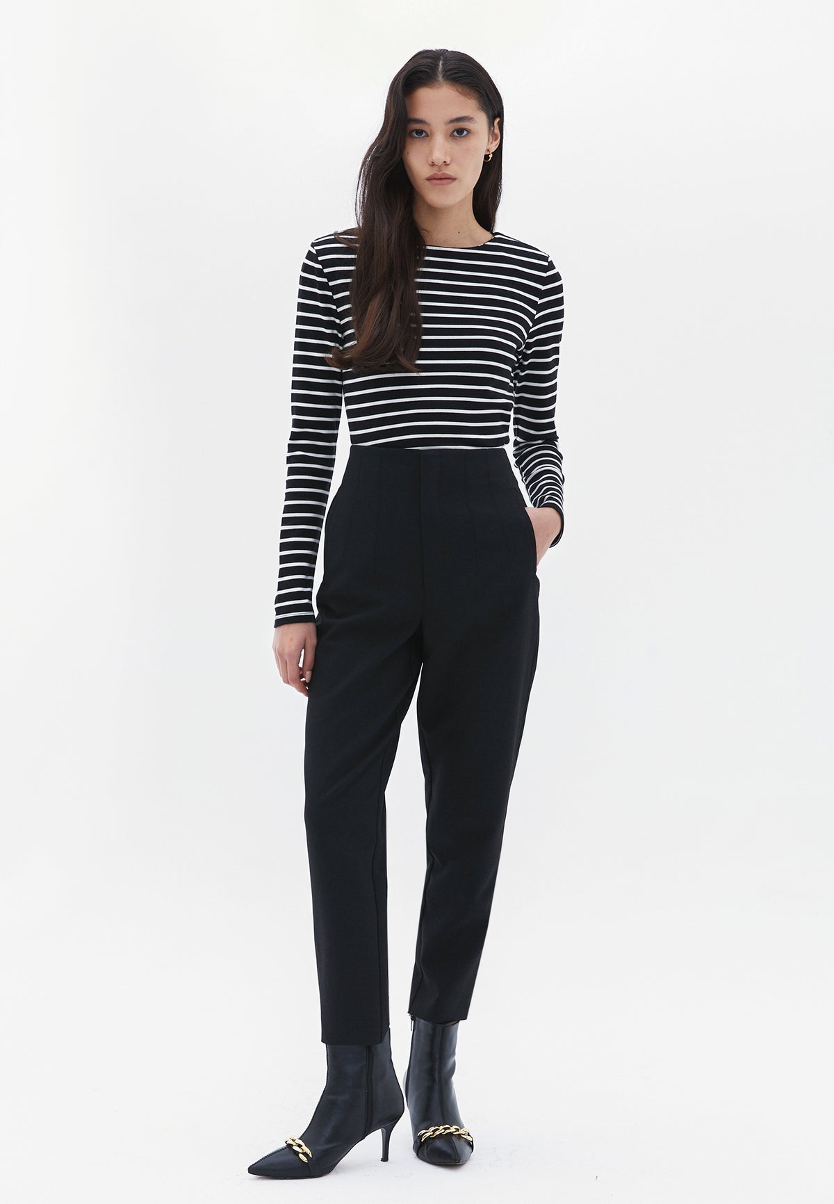 Long Sleeve Boat Neck Sweatshirt - BLACK/WHITE