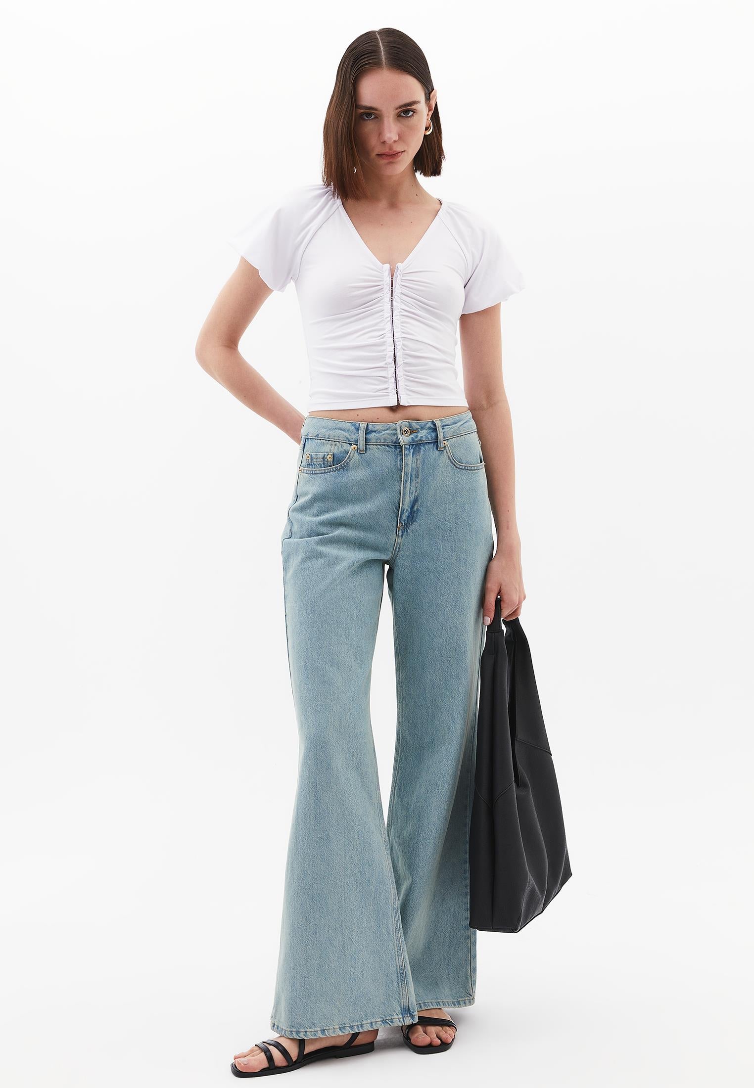 V Neck Balloon Sleeve Blouse - WHITE