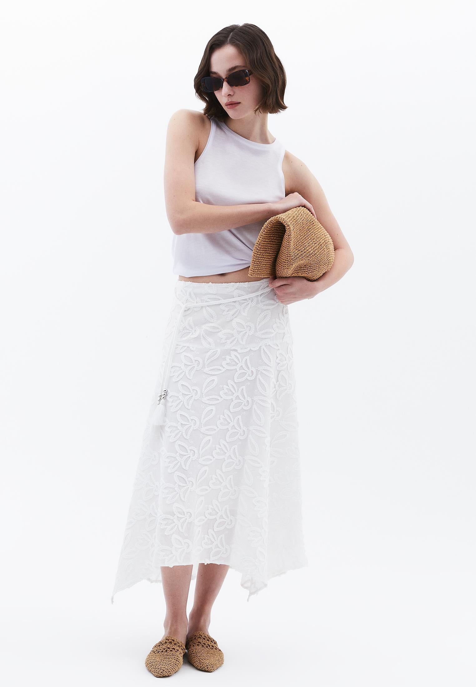 Belted Asymmetric Embroidered Midi Skirt - WHITE