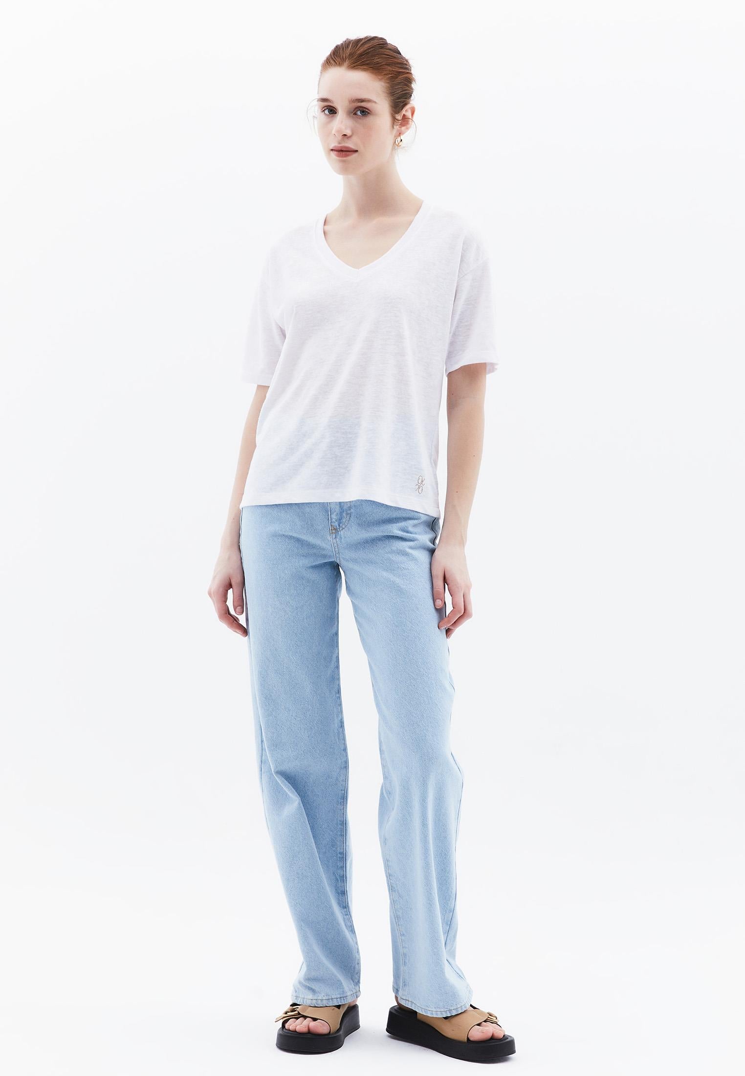 Oversize V Neck Short Sleeve T-Shirt - WHITE