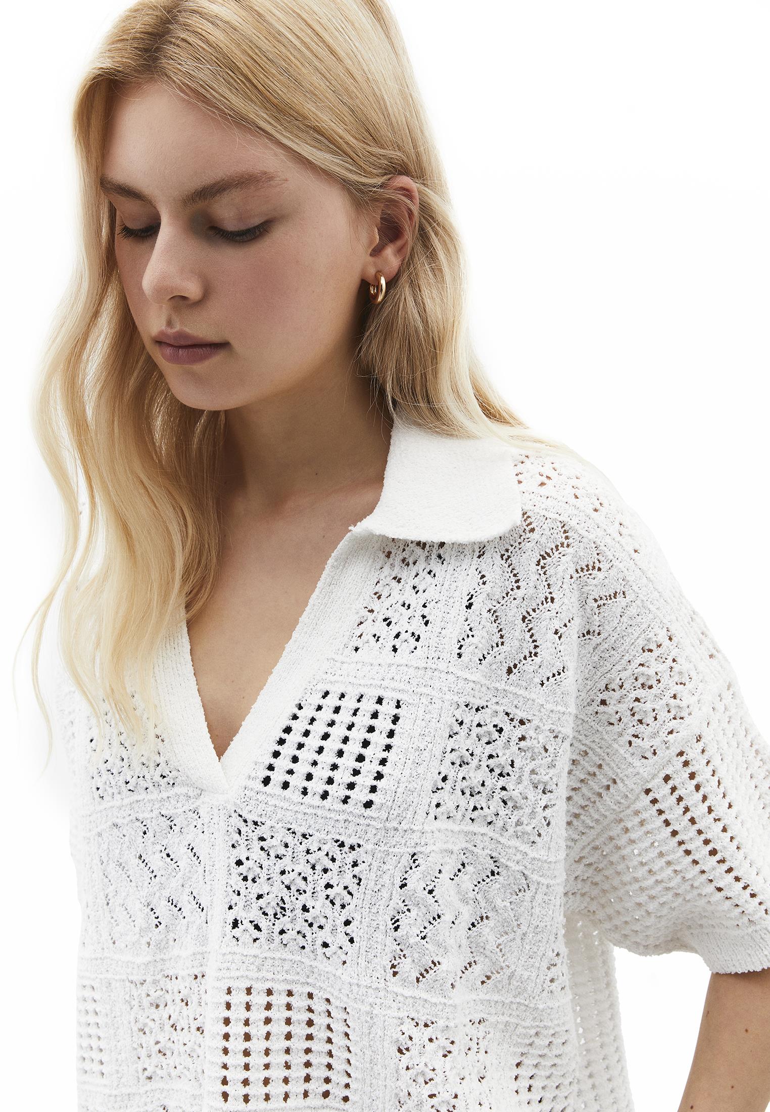 Polo Collar Oversize Ajour Sweater - WHITE