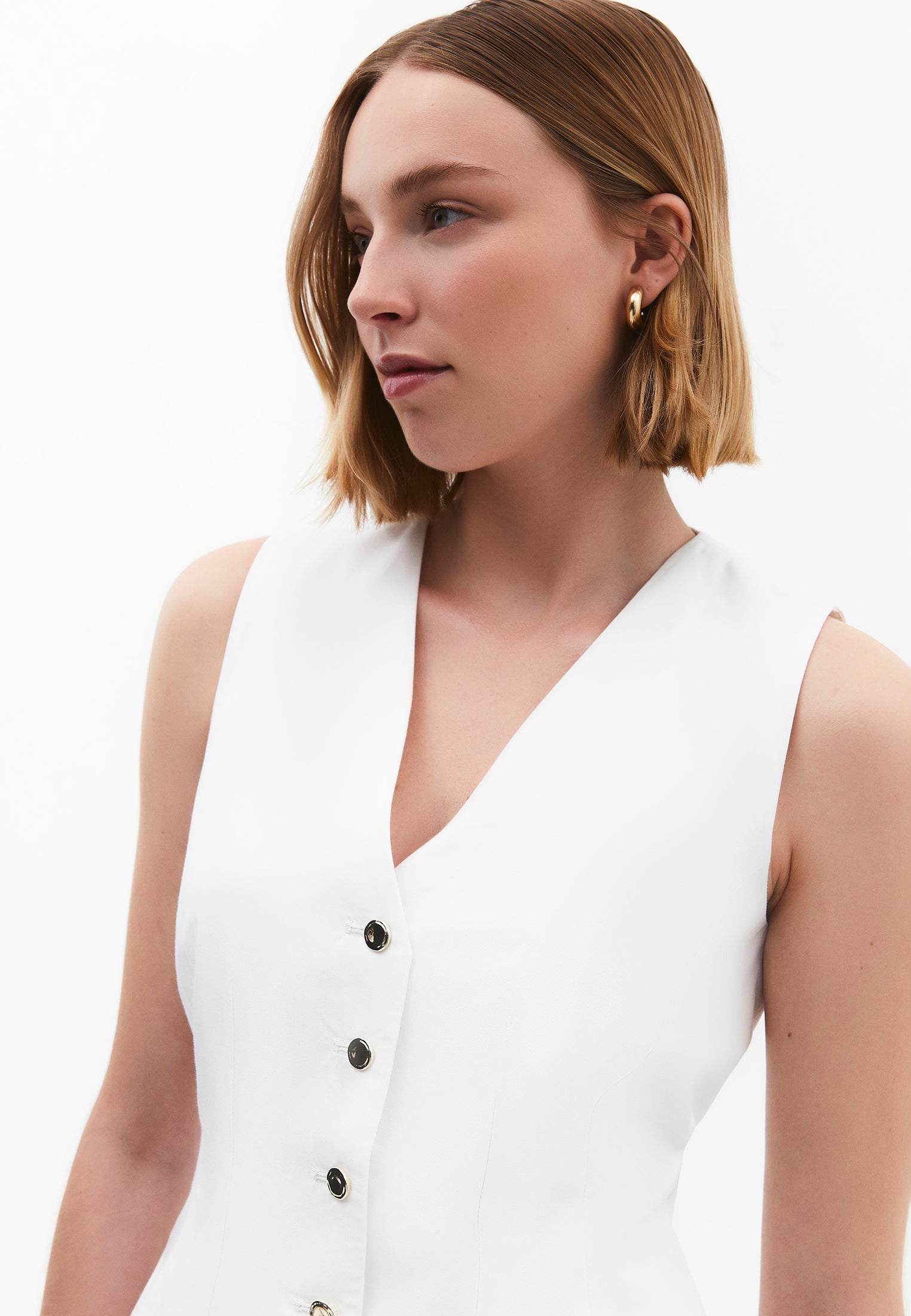 V Neck Button Detailed Sleeveless Vest - WHITE