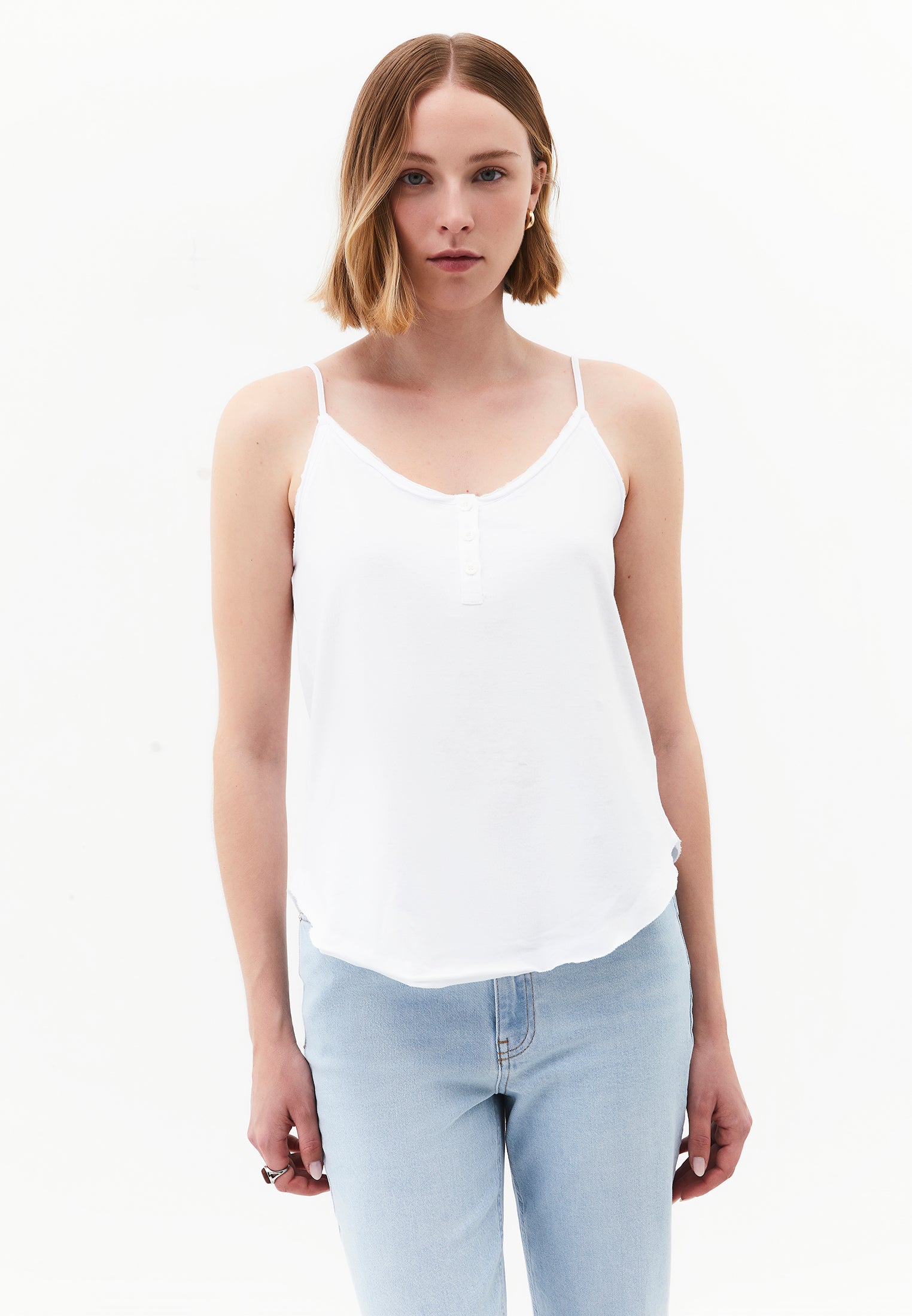 Loose V-Neck Top With Button Details - WHITE