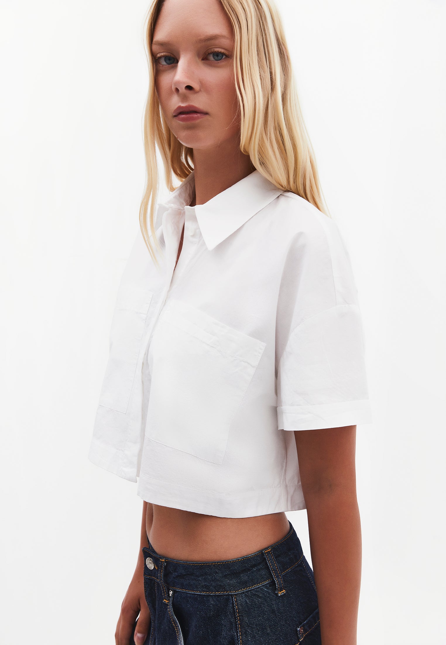 Shirt Collar Loose Short Sleeve Pocket Detailed Cropped Shirt - WHITE