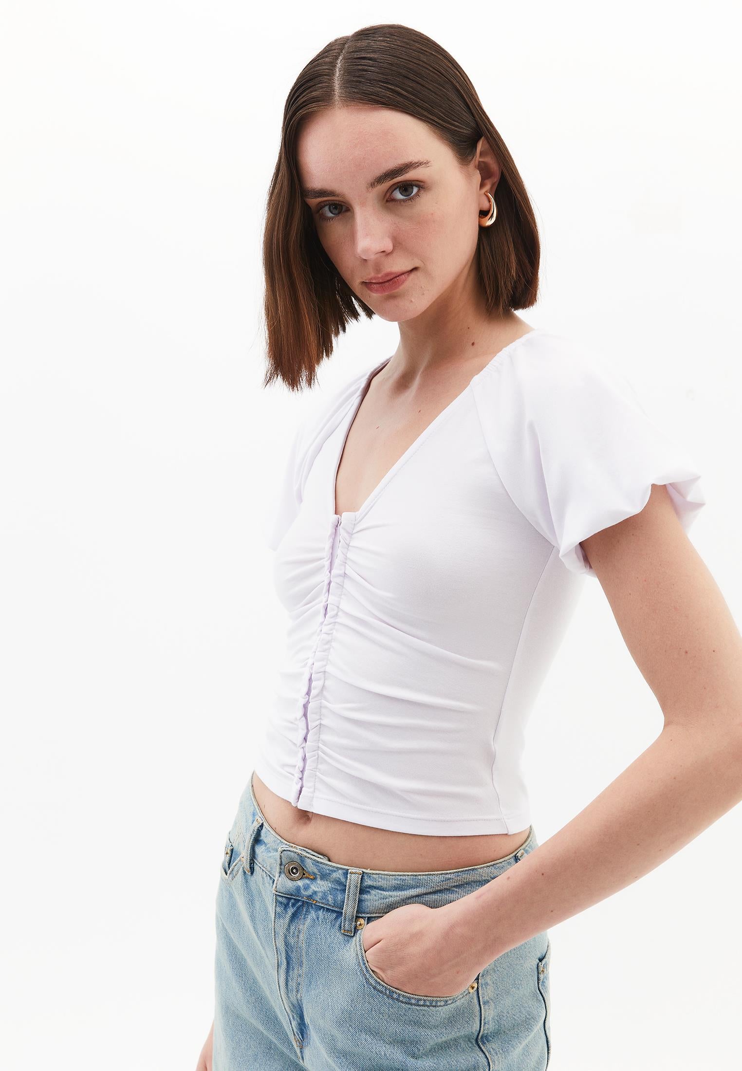 V Neck Balloon Sleeve Blouse - WHITE