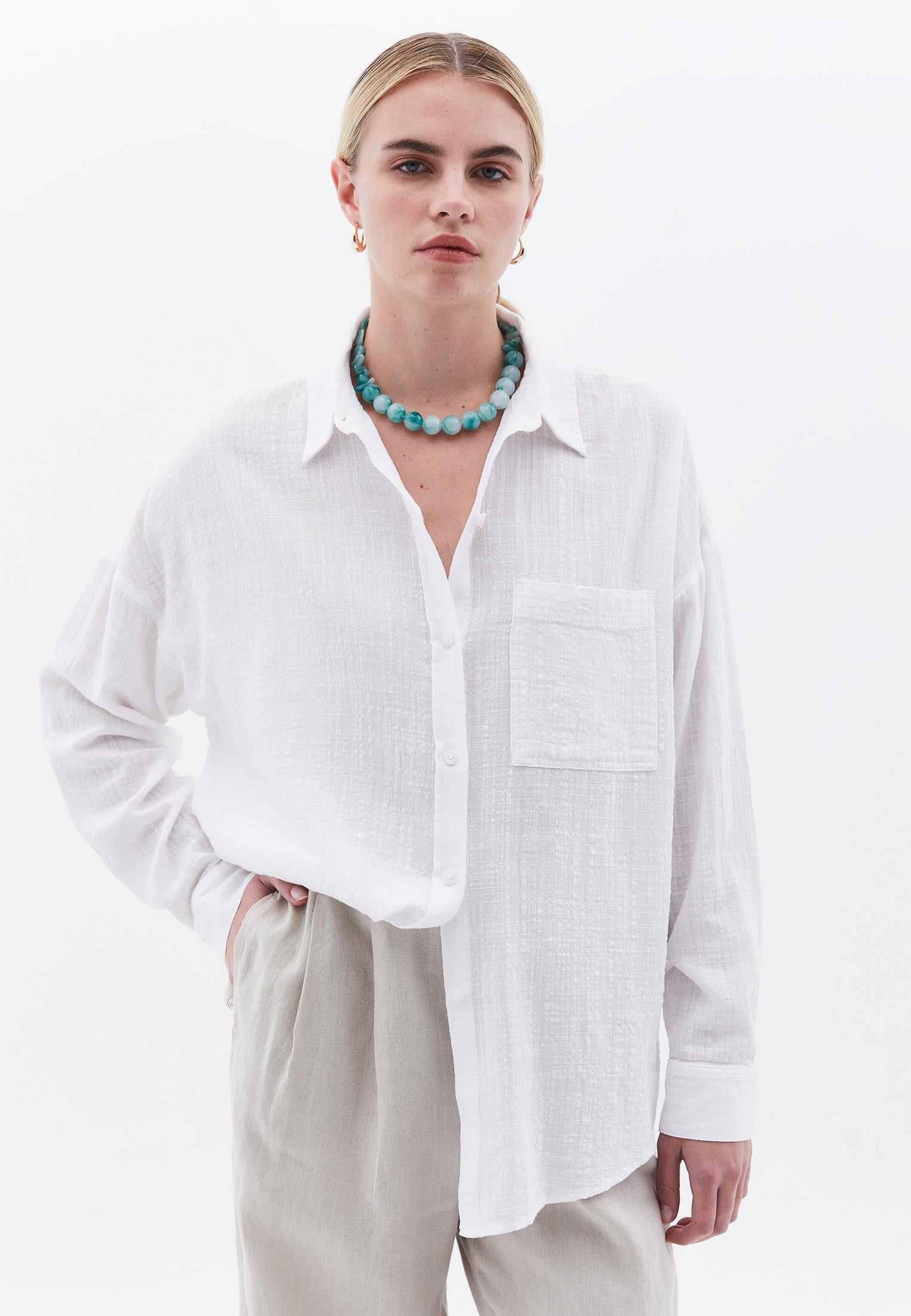 3/4 Sleeve Cotton Shirt - WHITE