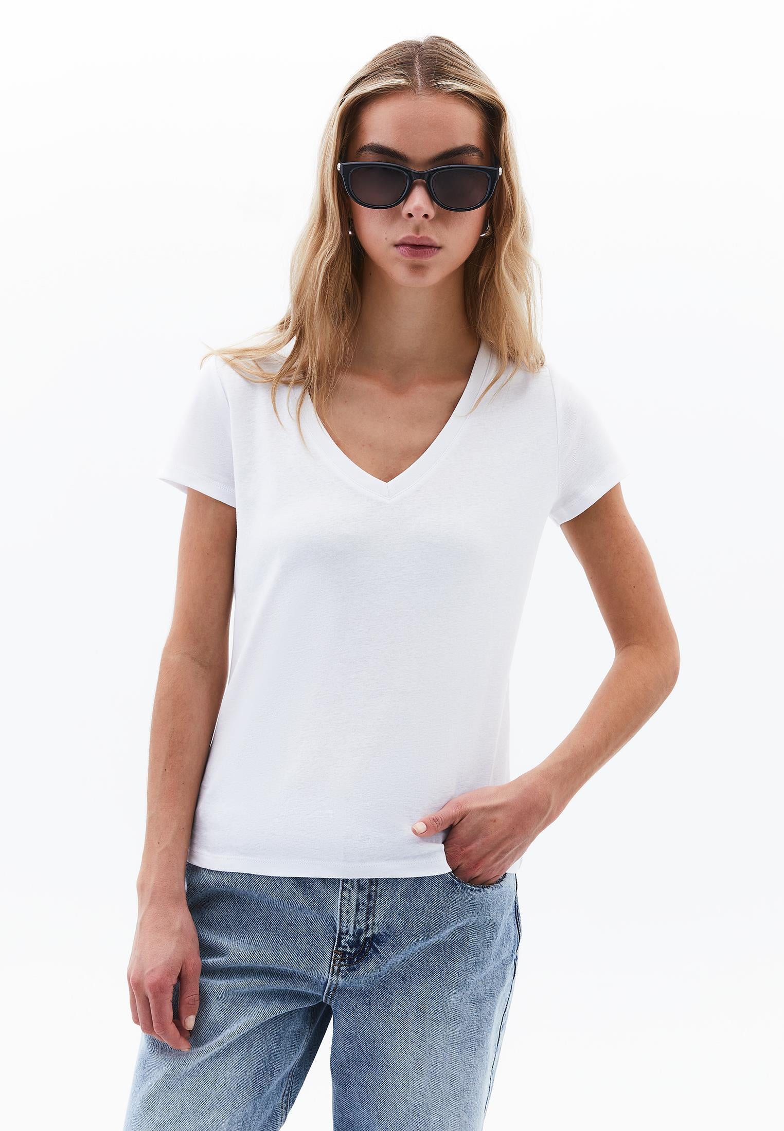 V Neck Short Sleeve T-Shirt - WHITE