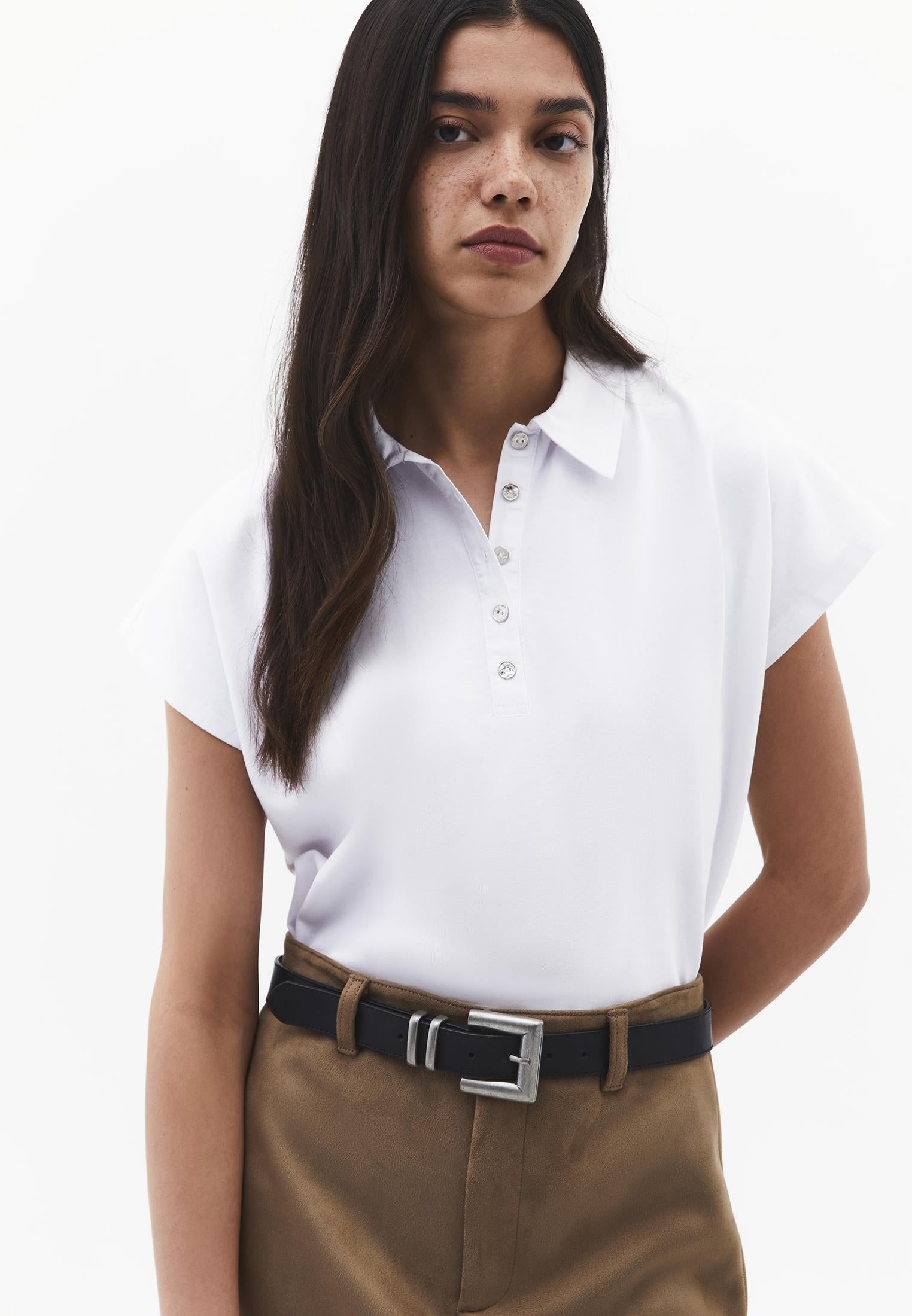 Button Detailed Polo Neck T-Shirt - WHITE