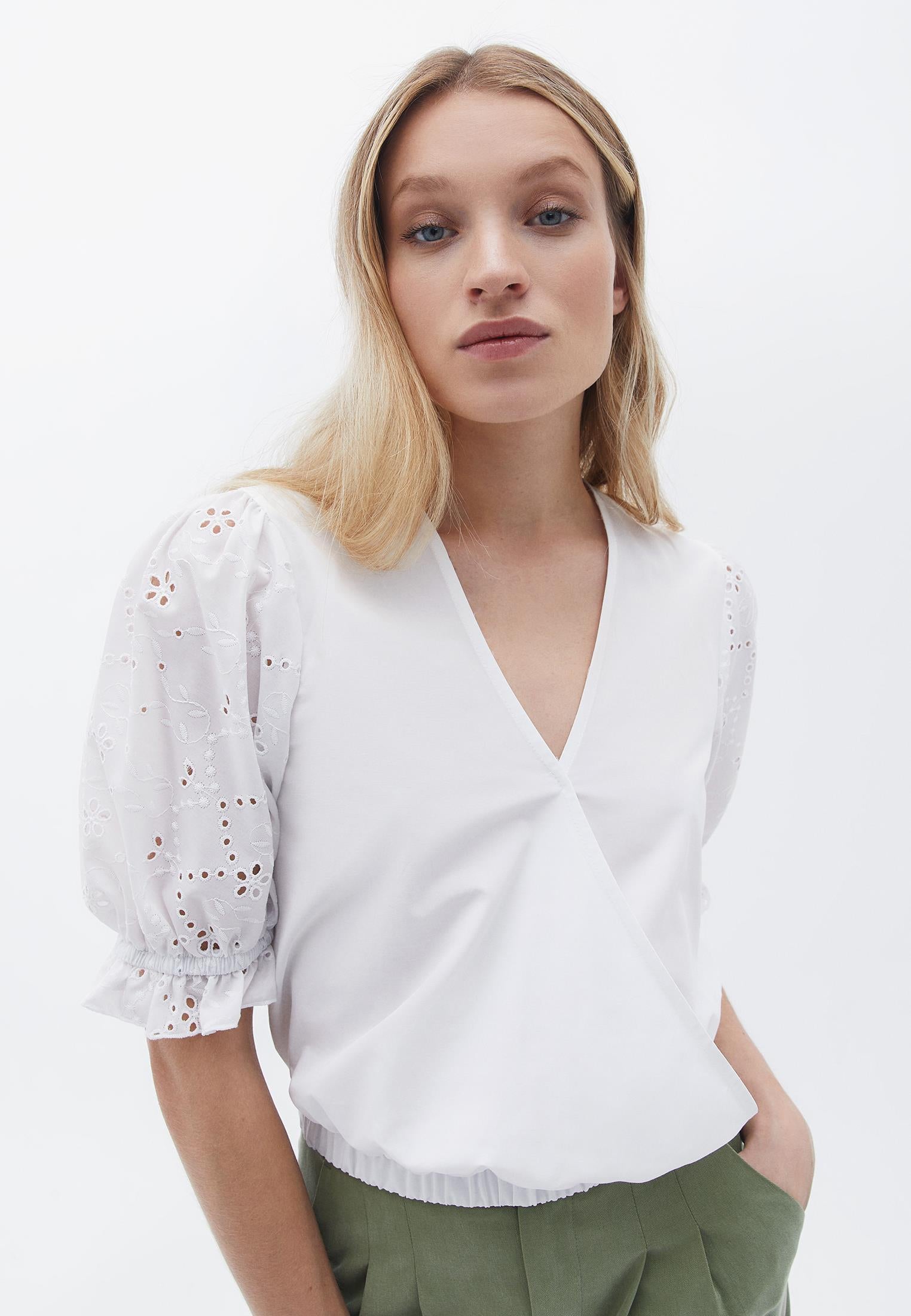 V Neck Broderie Blouse - WHITE