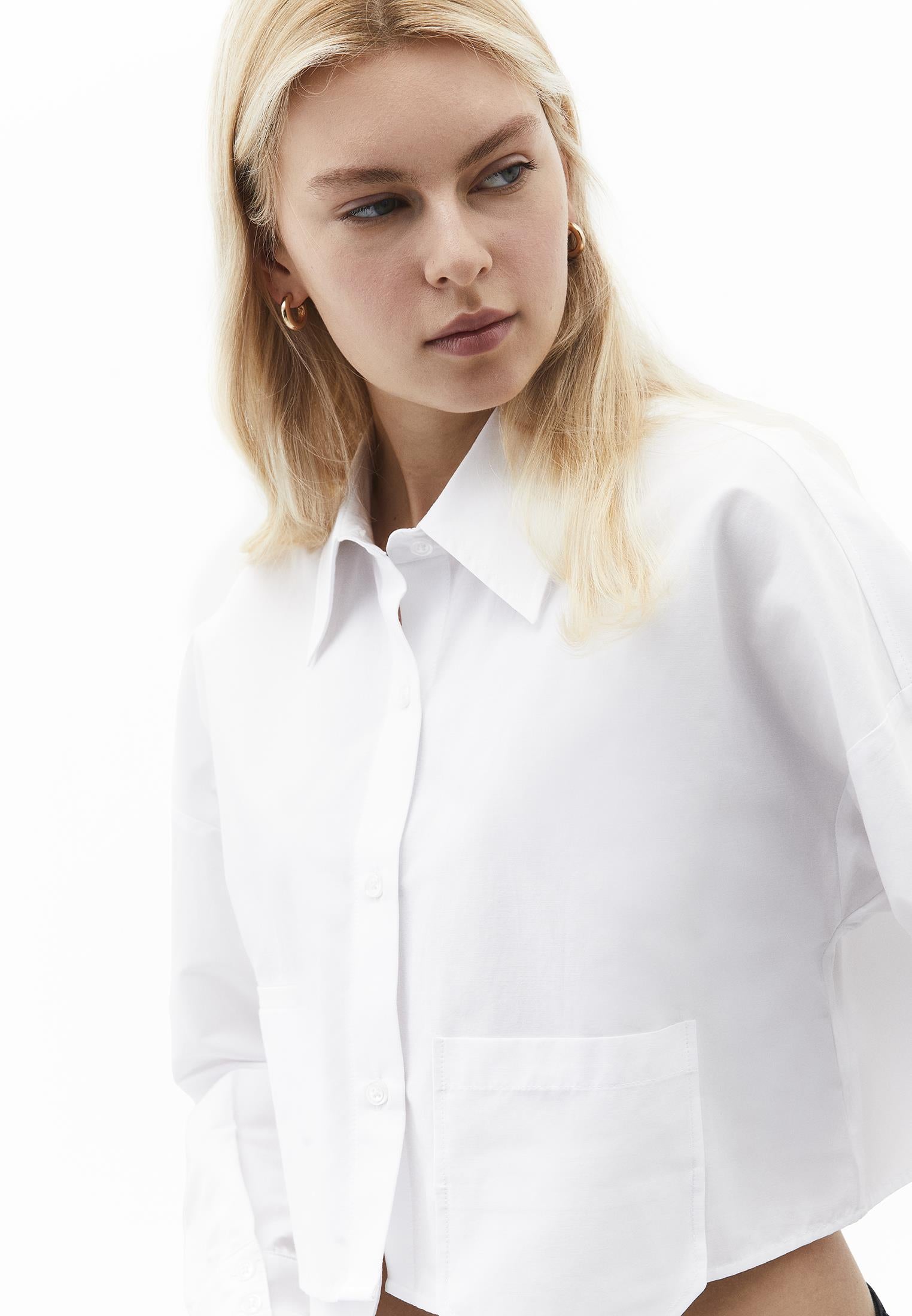 Crop Long Sleeve Shirt With Pocket Detail - WHITE