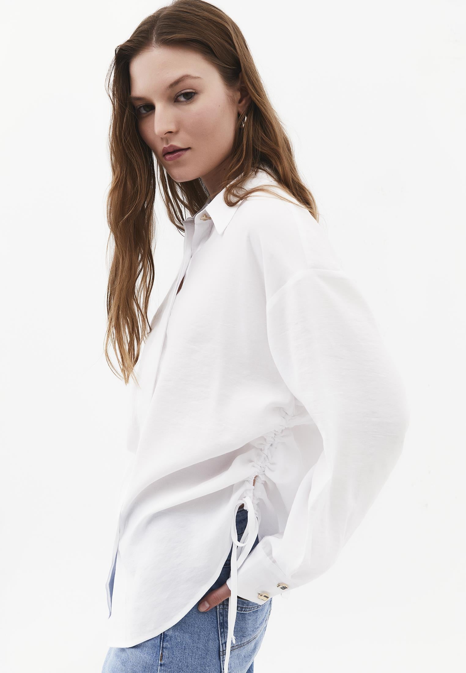 Oversize Long Sleeve Shirt with Ruching and Buttons - WHITE