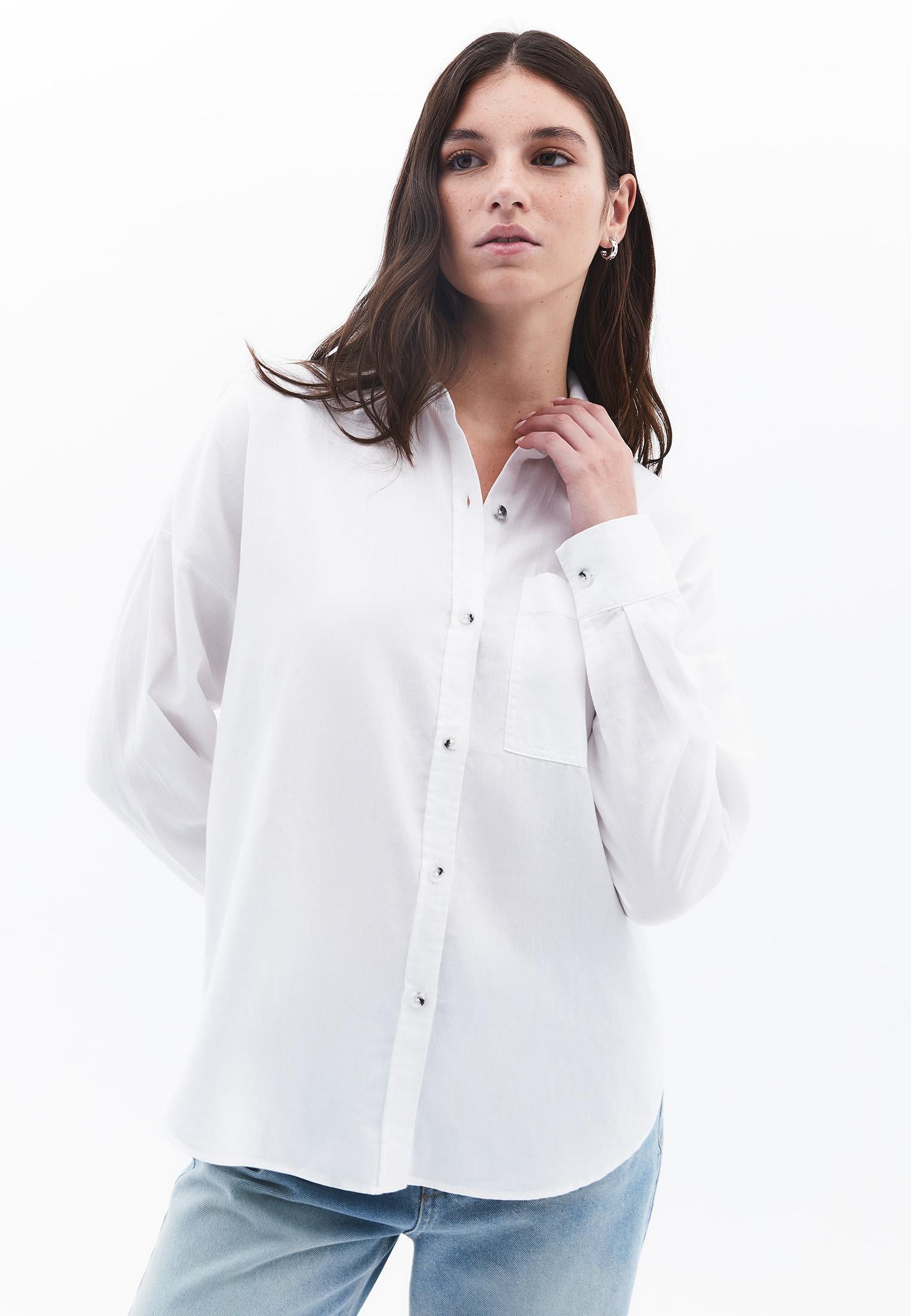 Shirt Collar Buttoned Oversize Long Sleeve Shirt - WHITE