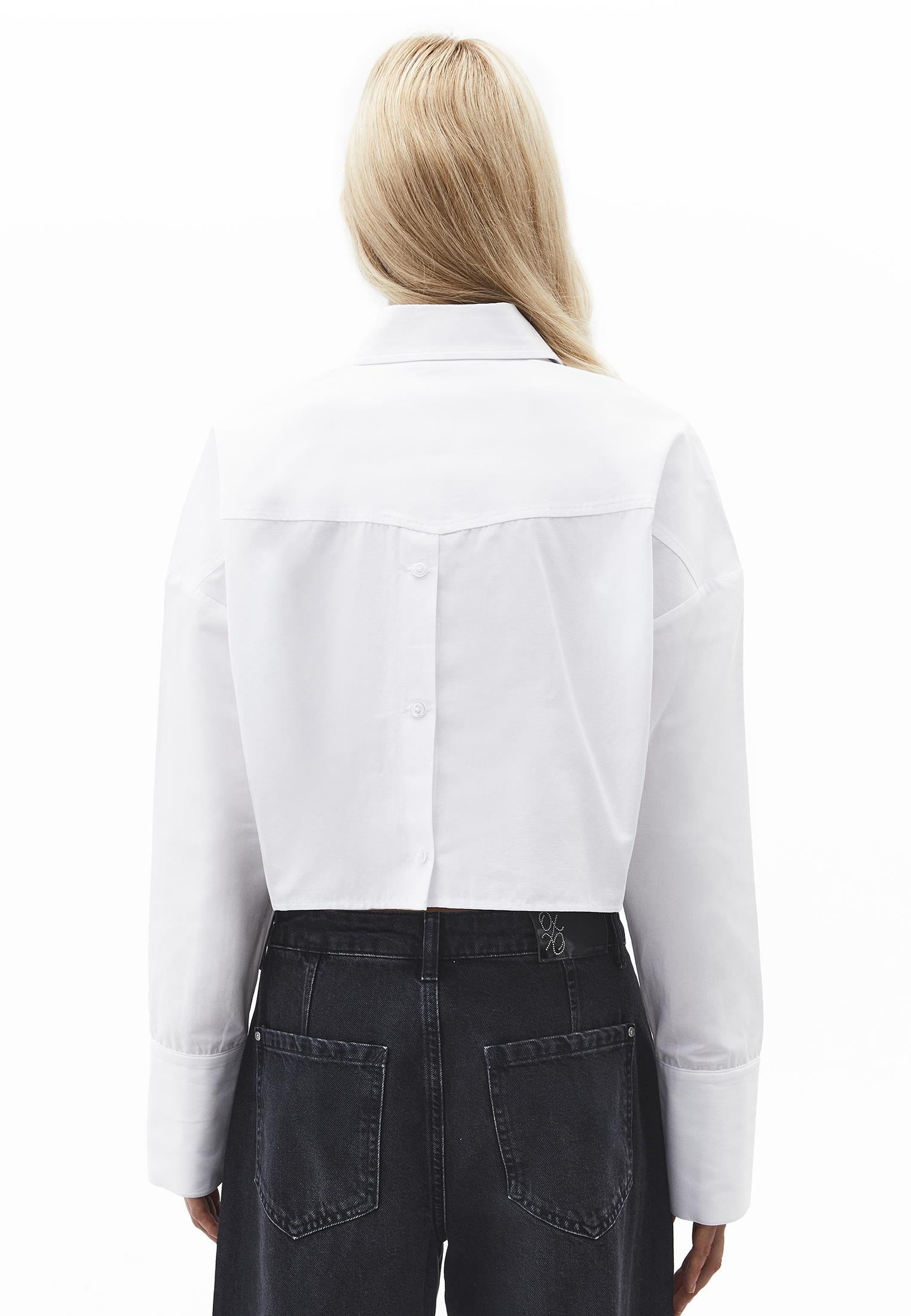 Crop Long Sleeve Shirt With Pocket Detail - WHITE