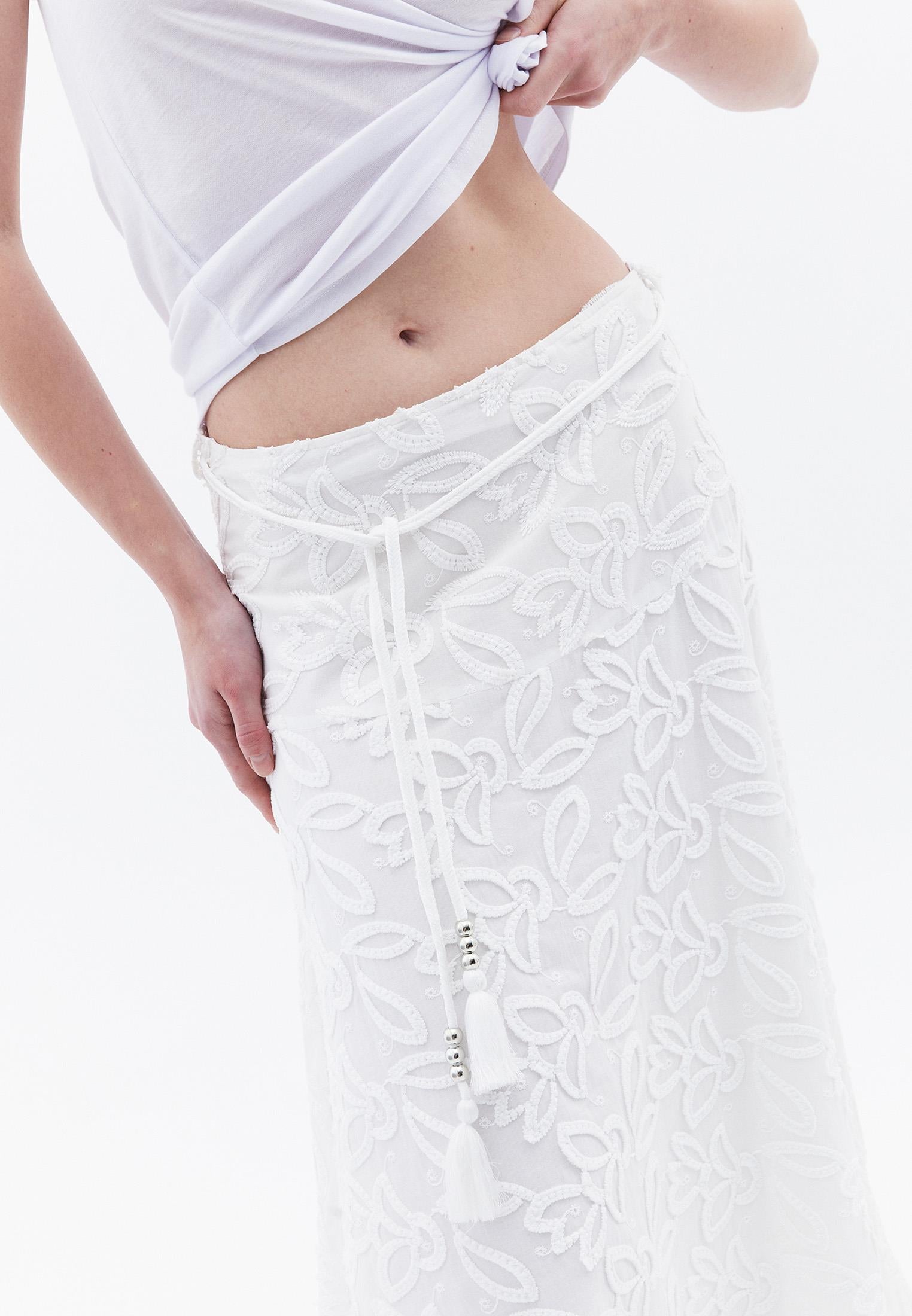 Belted Asymmetric Embroidered Midi Skirt - WHITE