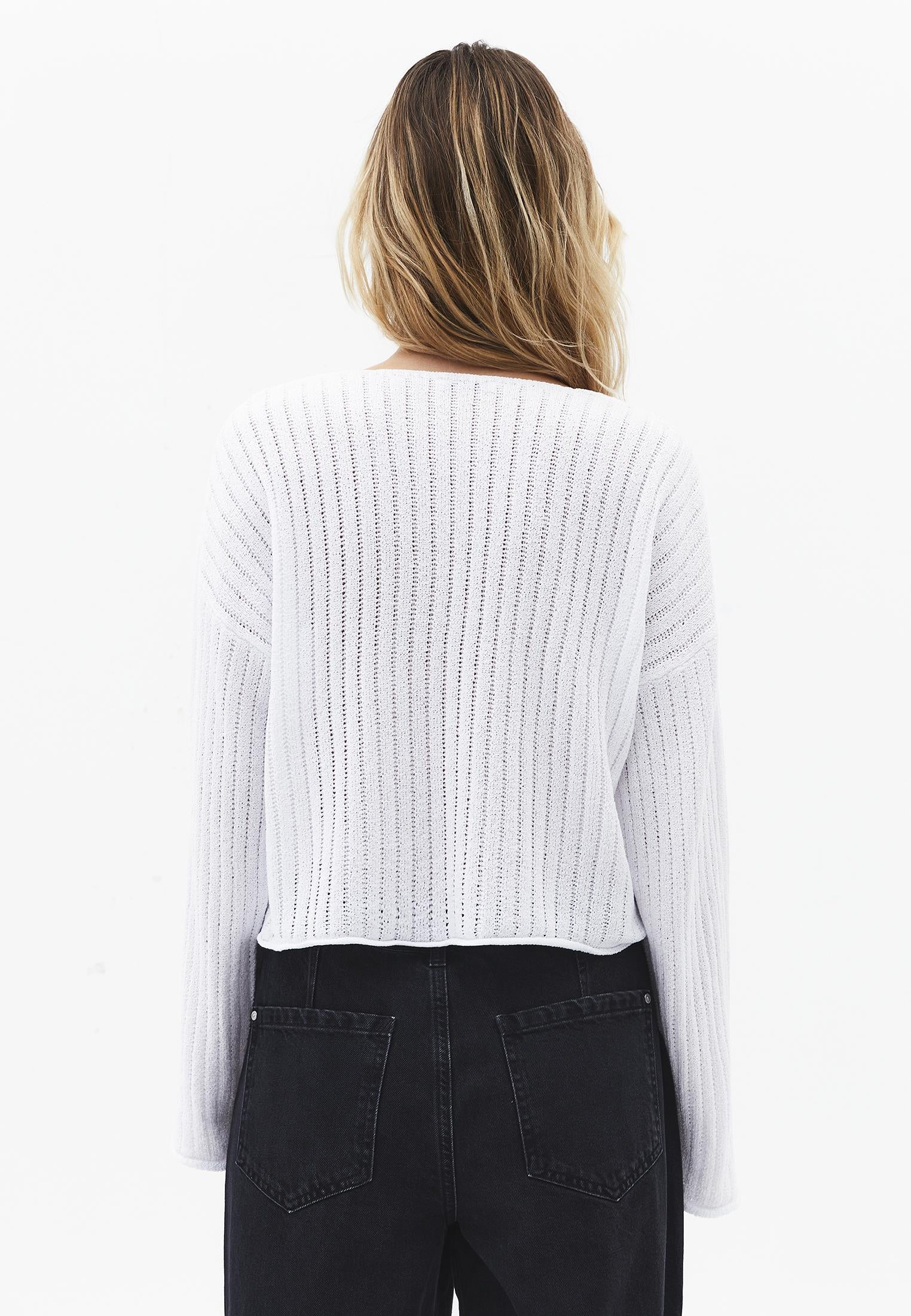 Ribbed V-Neck Long Sleeve Sweater - WHITE