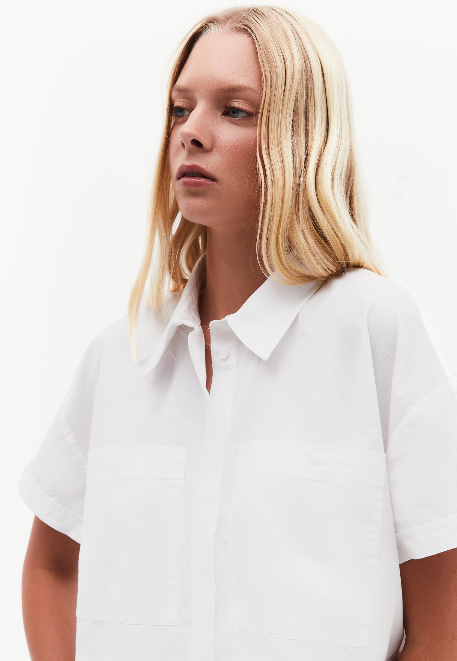 Shirt Collar Loose Short Sleeve Pocket Detailed Cropped Shirt - WHITE
