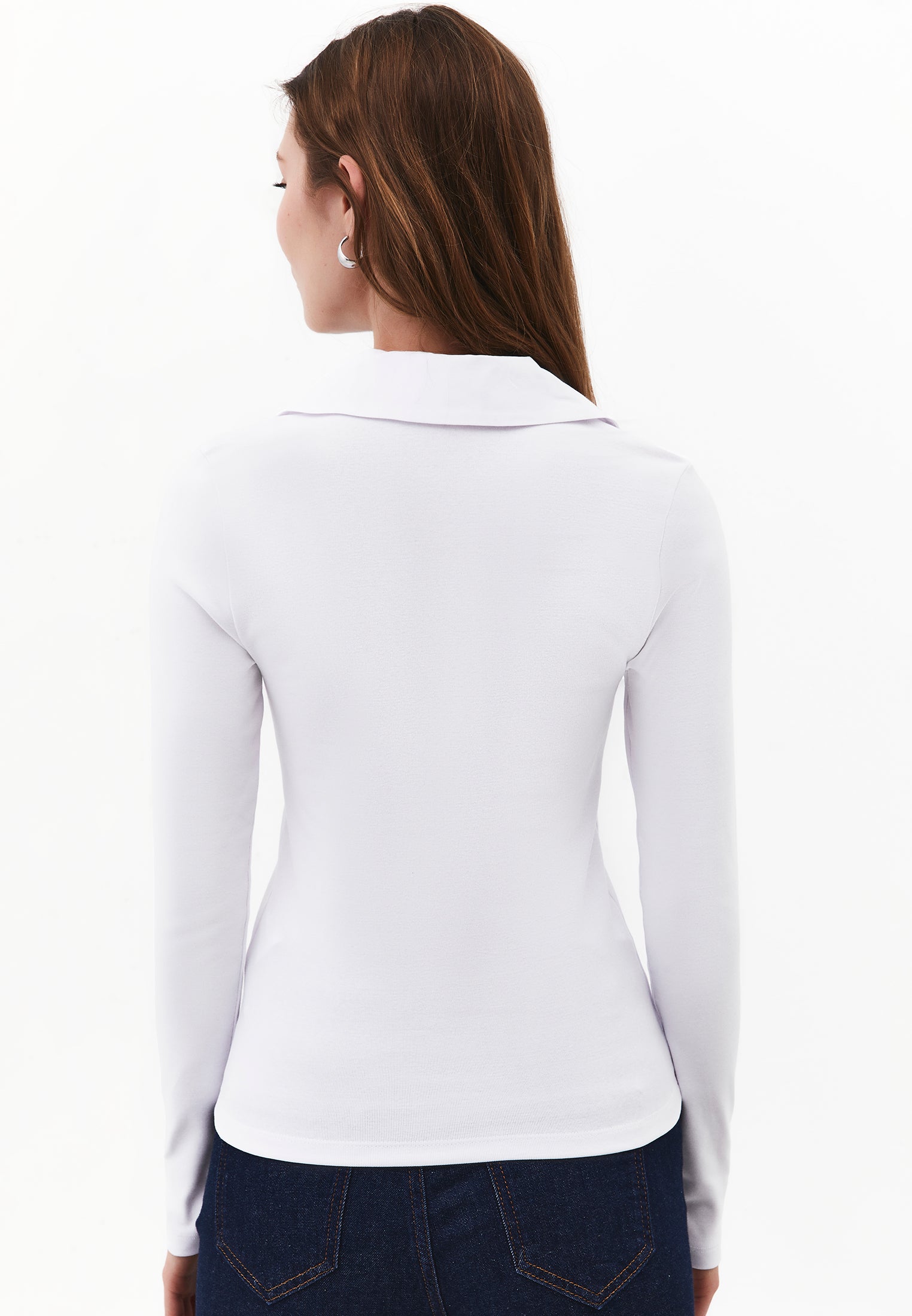 Polo Neck Long Sleeve Bodycon T-Shirt - WHITE