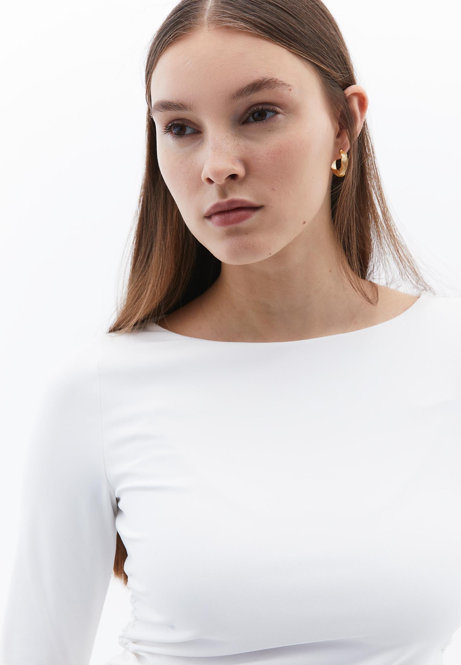 Boat Neck Long Sleeve Bodycon T-Shirt - WHITE