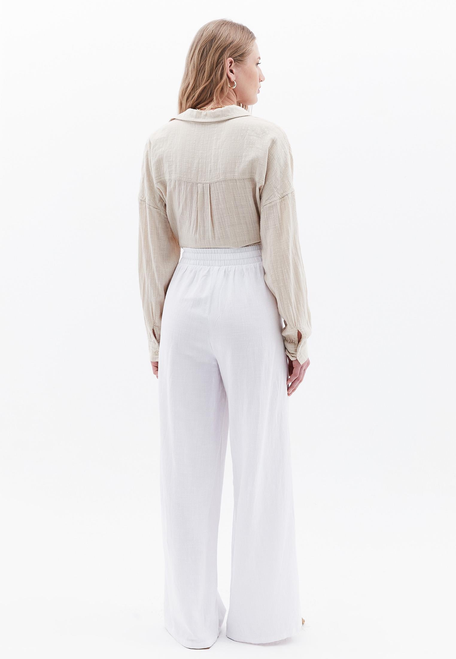 High Waist Wide Leg Elastic Waist Pants - WHITE