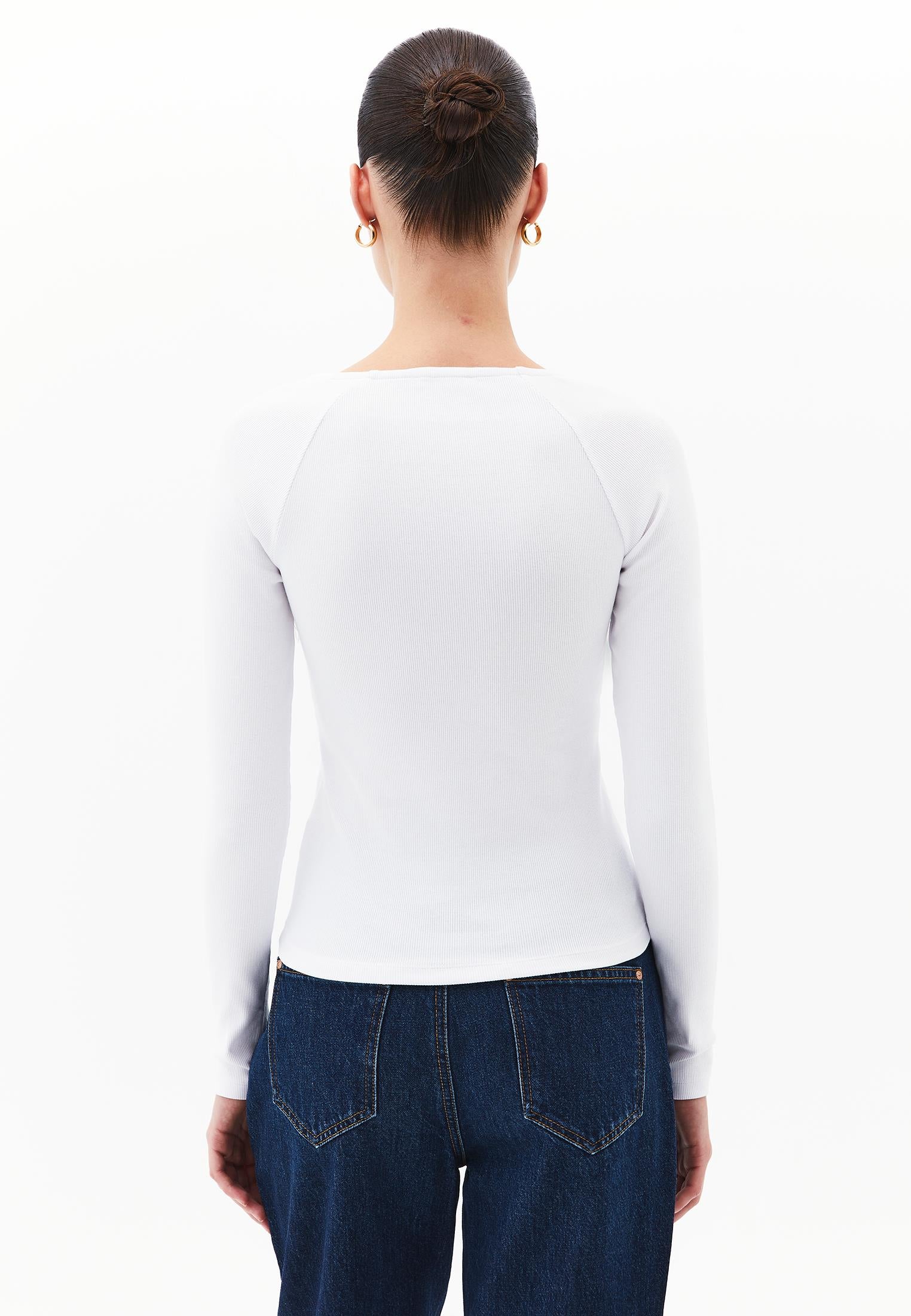 Ribbed Fabric Button Detailed V Neck Long Sleeve T-Shirt - WHITE