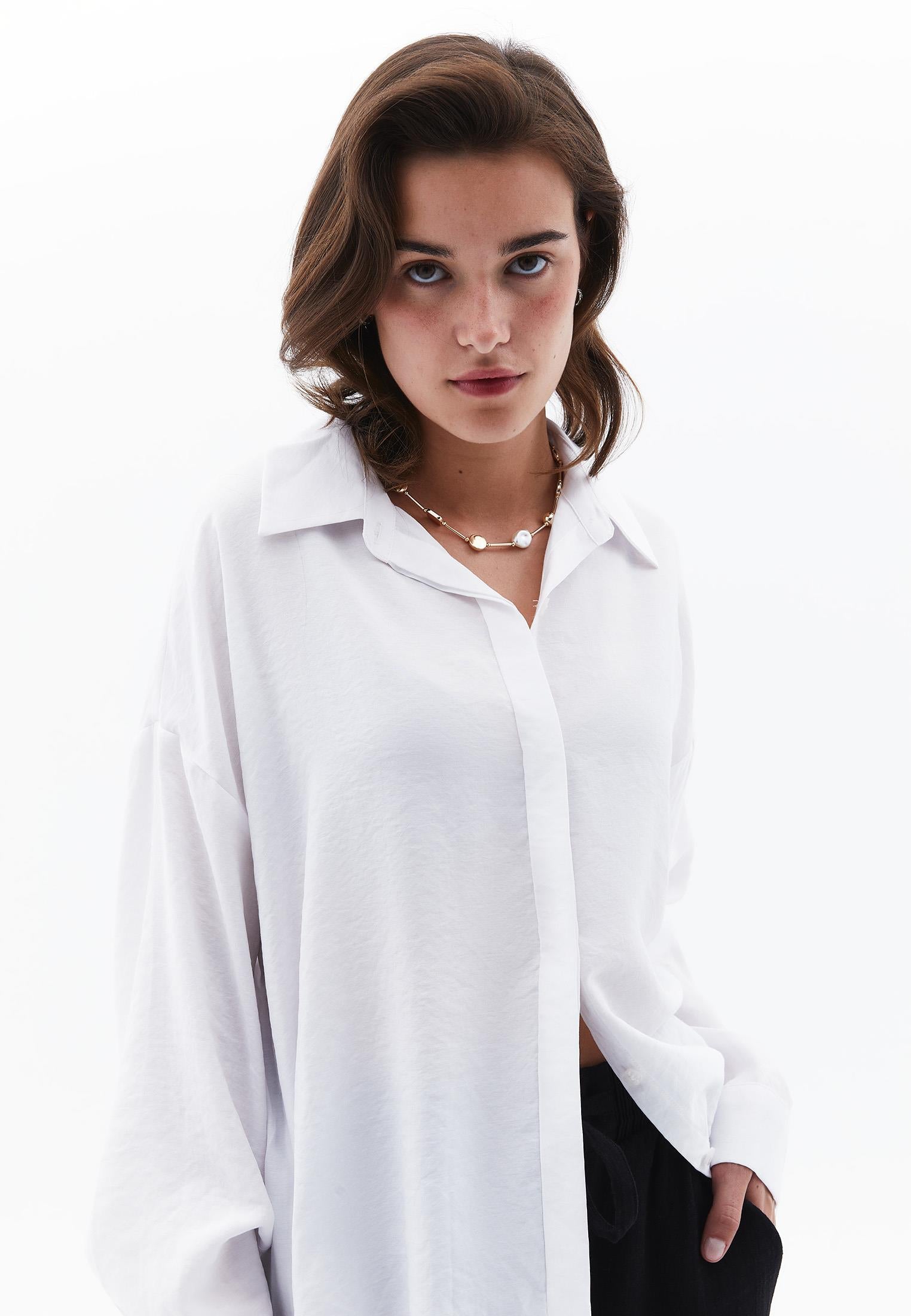 Oversize Shirt With Button Detail - WHITE