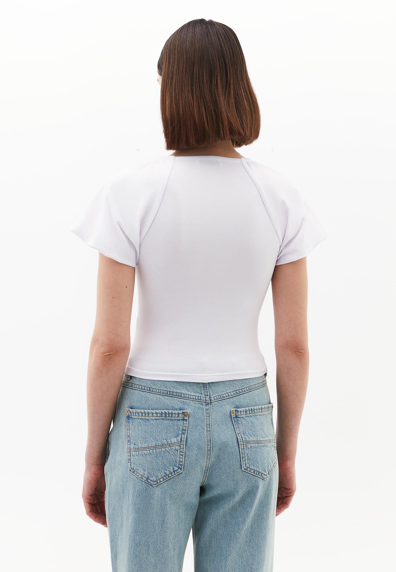 V Neck Balloon Sleeve Blouse - WHITE