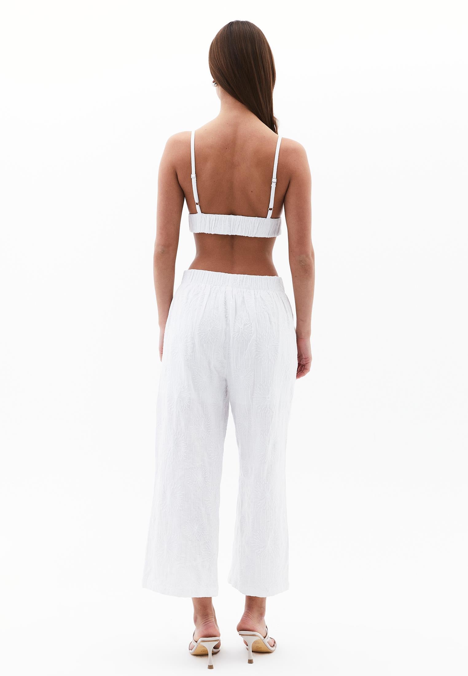Wide Leg High Waist Pants With Embroidery Detail - WHITE