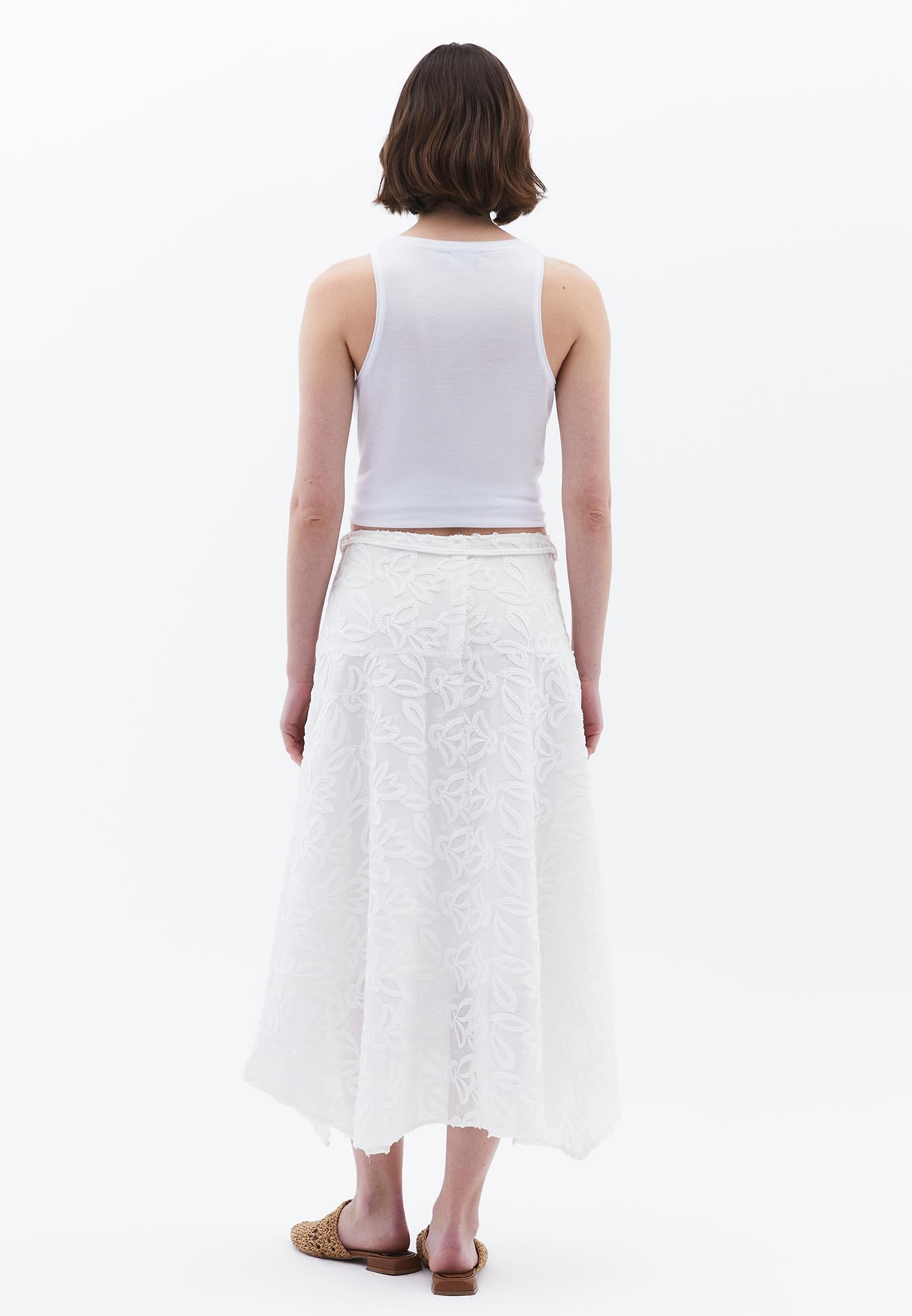 Belted Asymmetric Embroidered Midi Skirt - WHITE