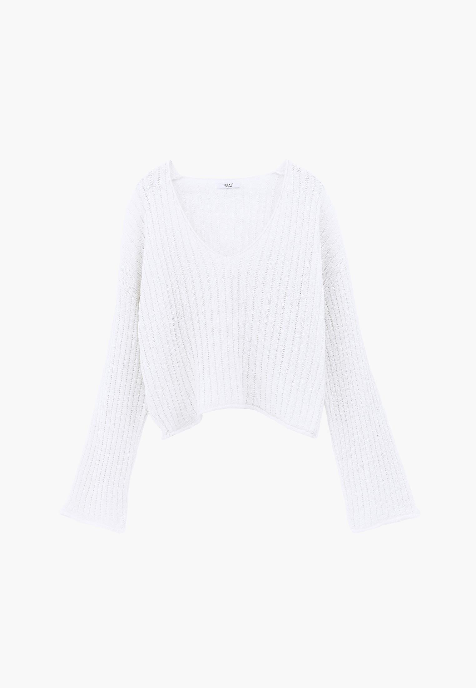 Ribbed V-Neck Long Sleeve Sweater - WHITE
