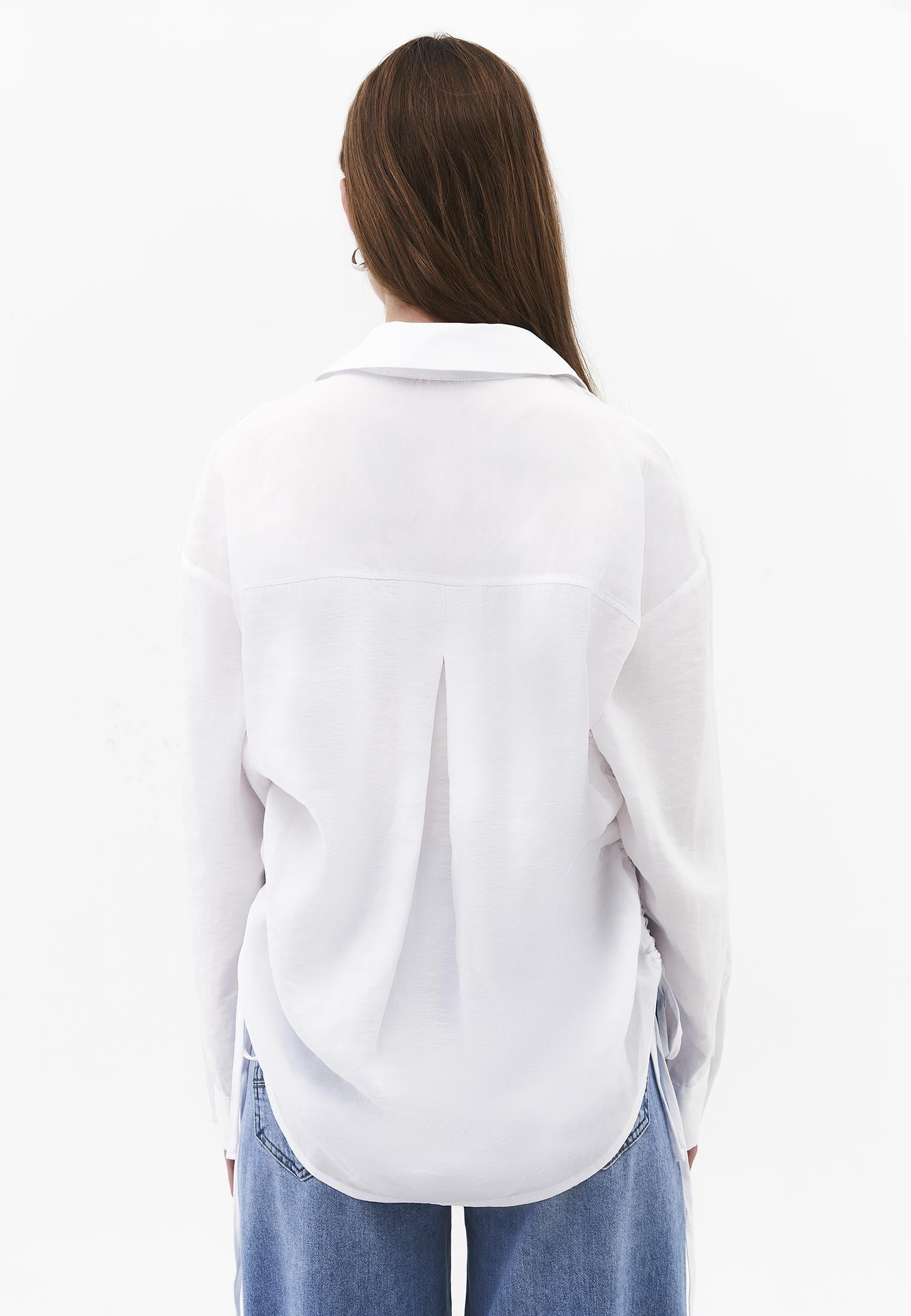 Oversize Long Sleeve Shirt with Ruching and Buttons - WHITE