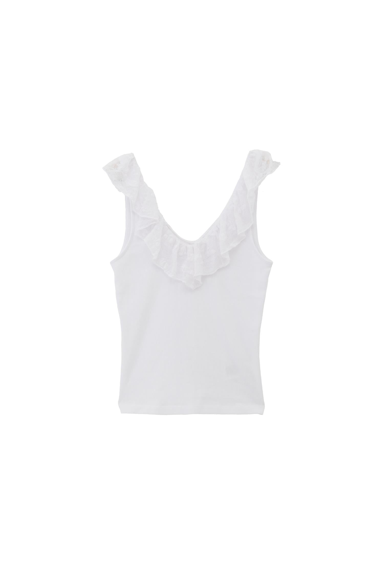 V Neck Frilled Tank Top - WHITE