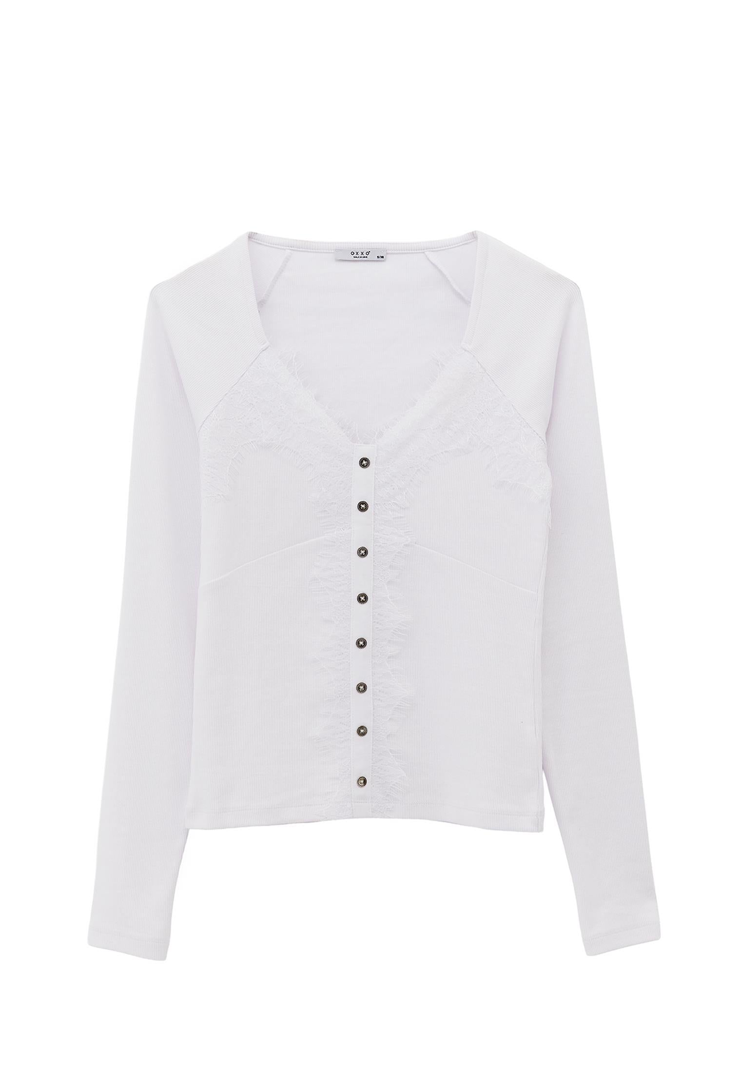 Ribbed Fabric Button Detailed V Neck Long Sleeve T-Shirt - WHITE