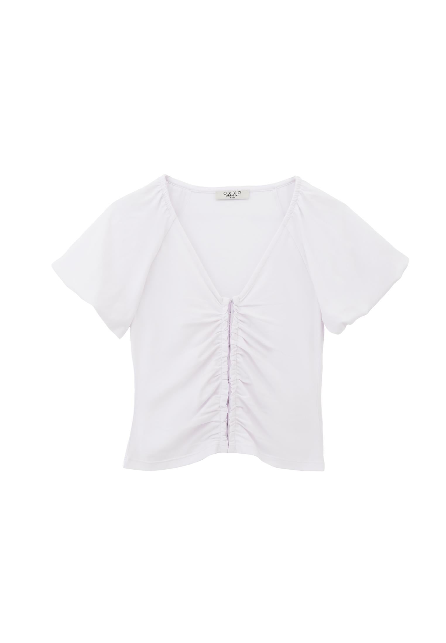 V Neck Balloon Sleeve Blouse - WHITE