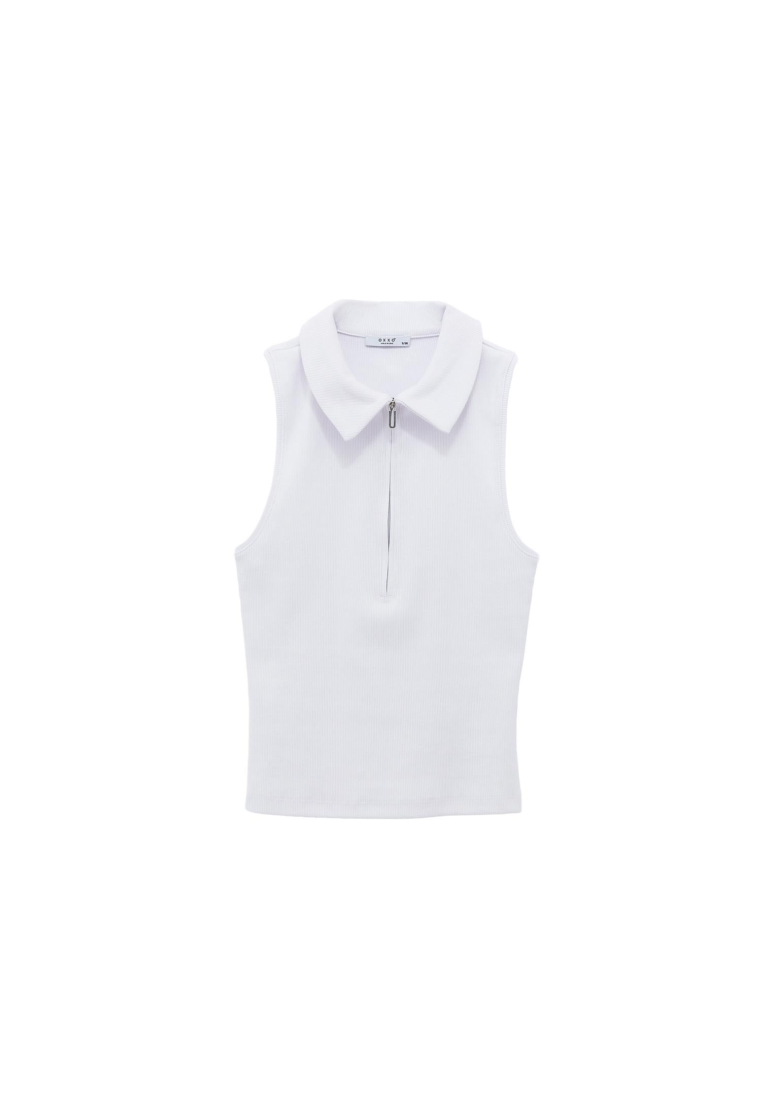 Zip Detailed Polo Collar Tank Top - WHITE