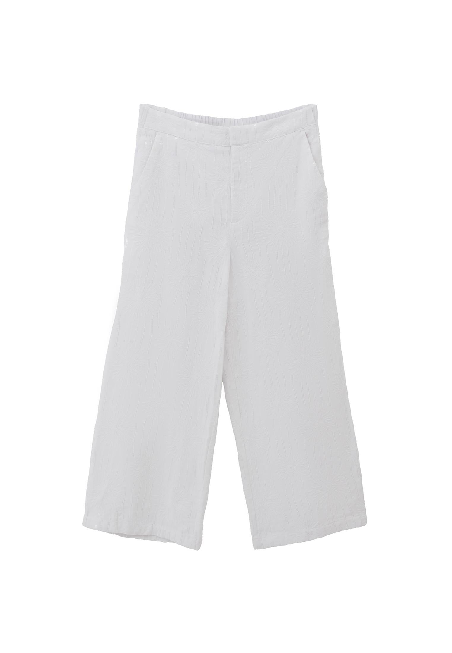 Wide Leg High Waist Pants With Embroidery Detail - WHITE