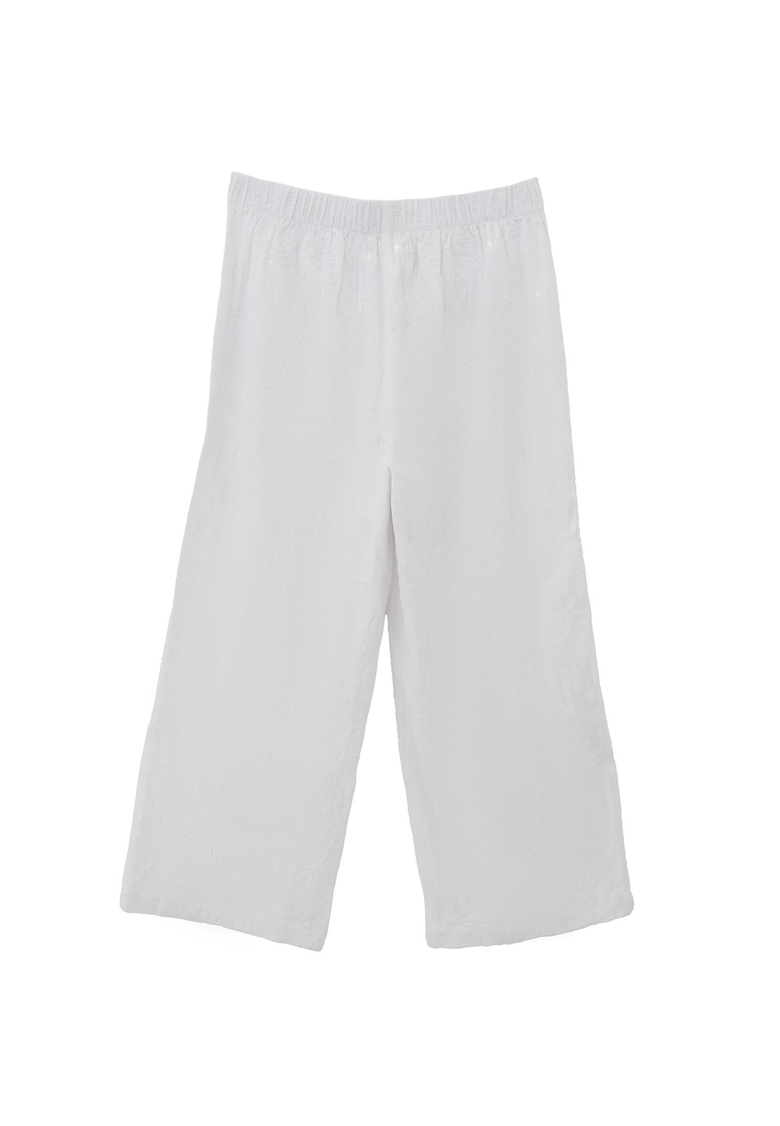 Wide Leg High Waist Pants With Embroidery Detail - WHITE