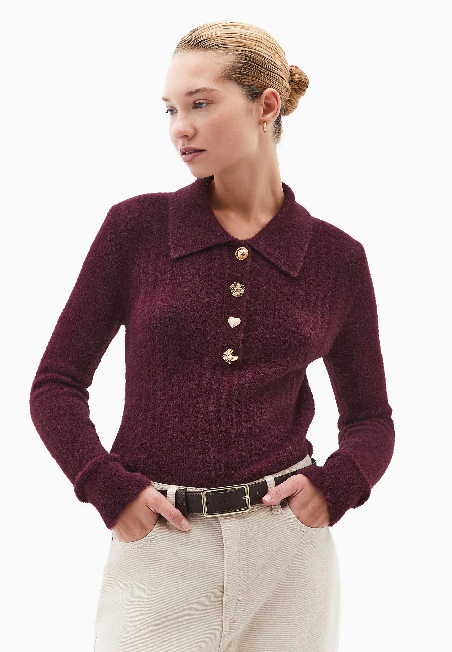 Sweater With Polo Collar And Knit Details - WINETASTING