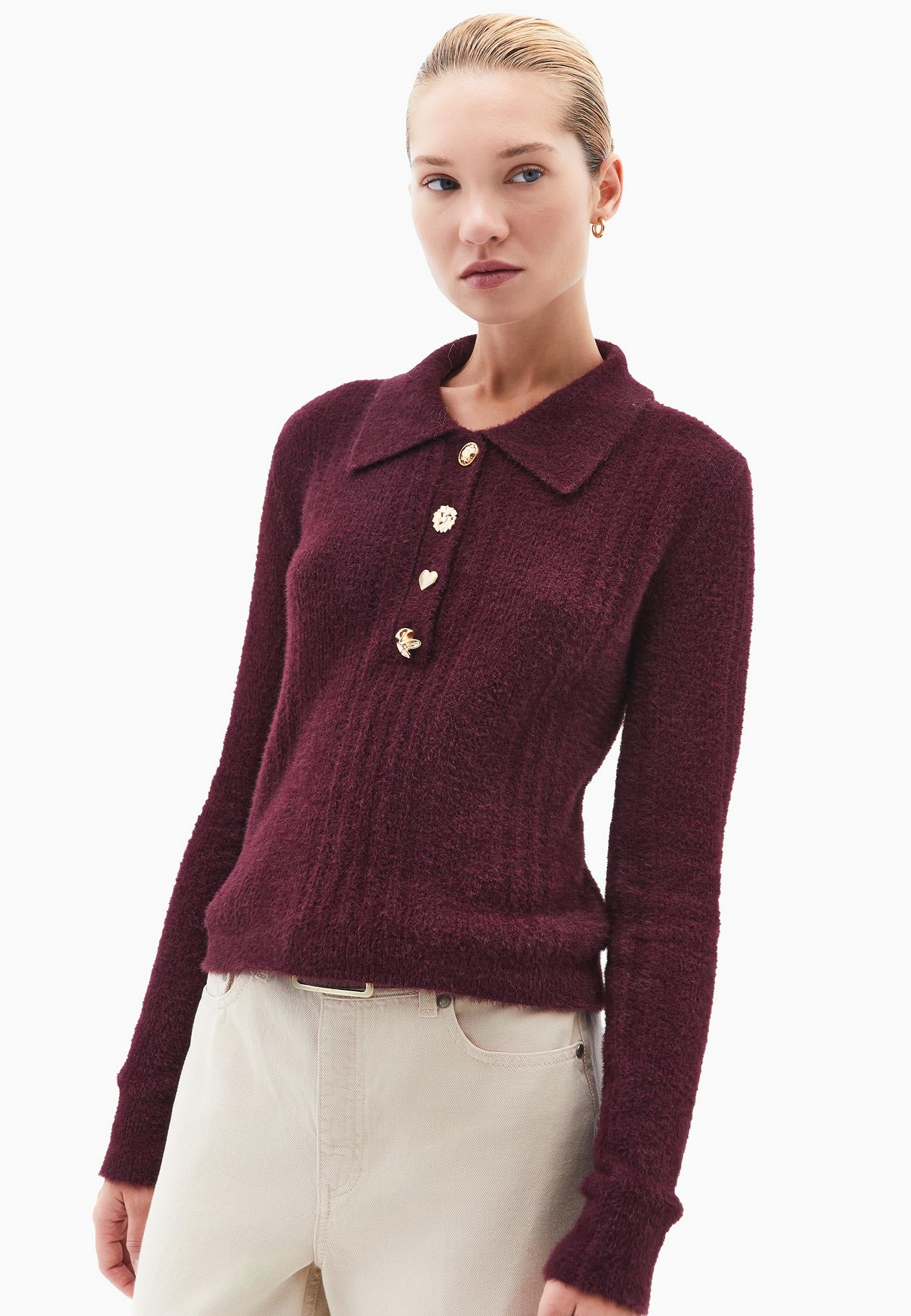 Sweater With Polo Collar And Knit Details - WINETASTING