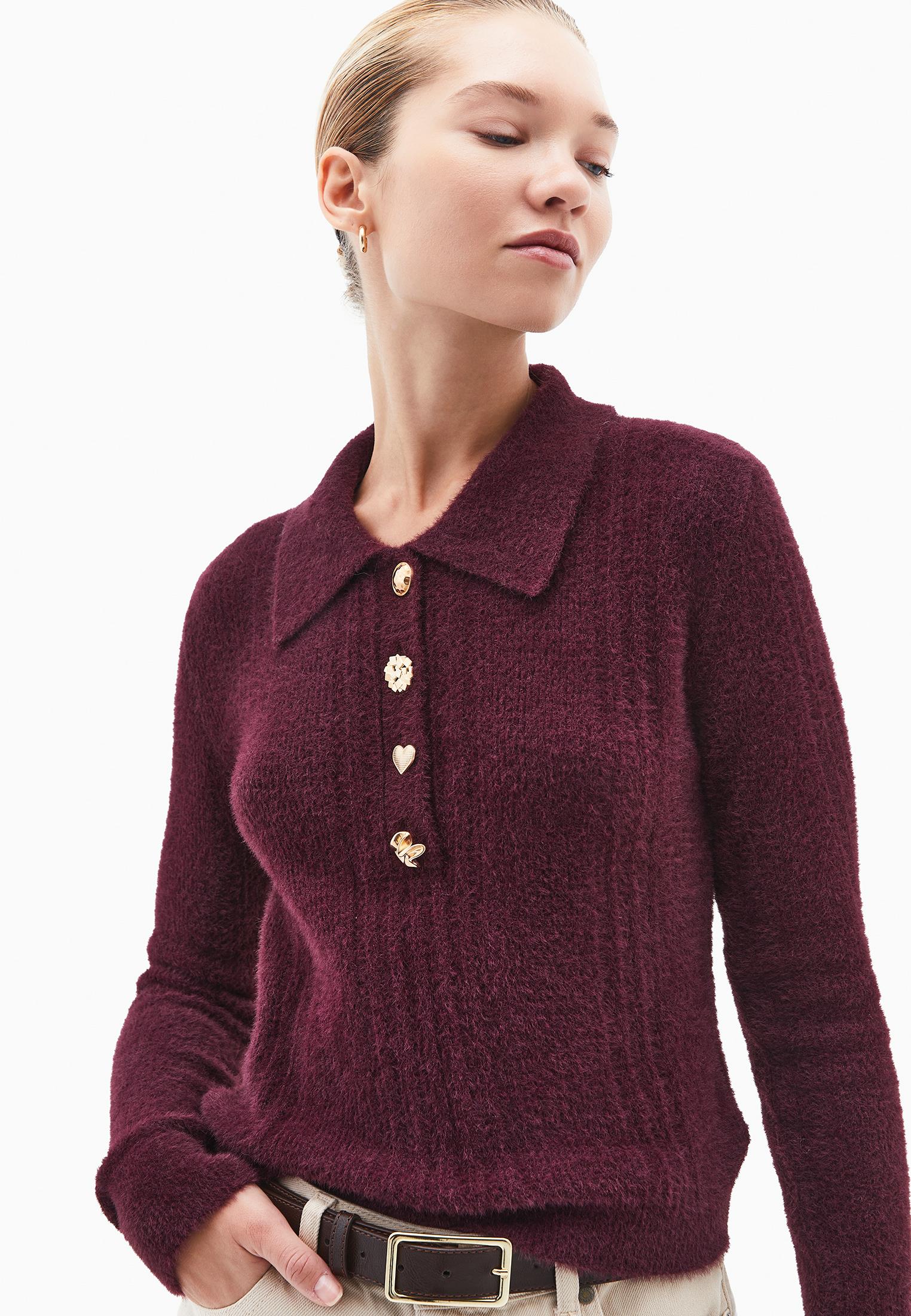 Sweater With Polo Collar And Knit Details - WINETASTING