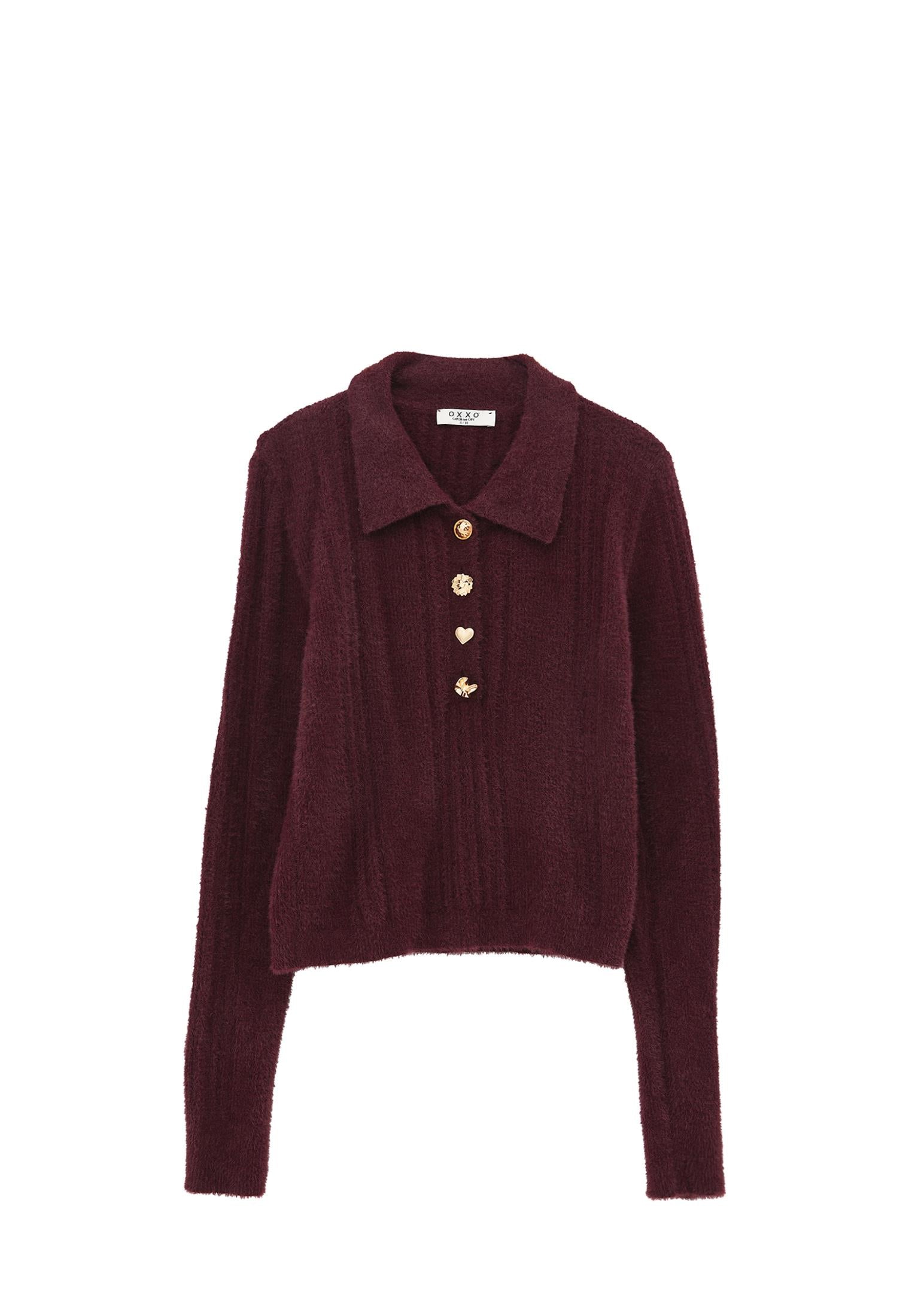 Sweater With Polo Collar And Knit Details - WINETASTING